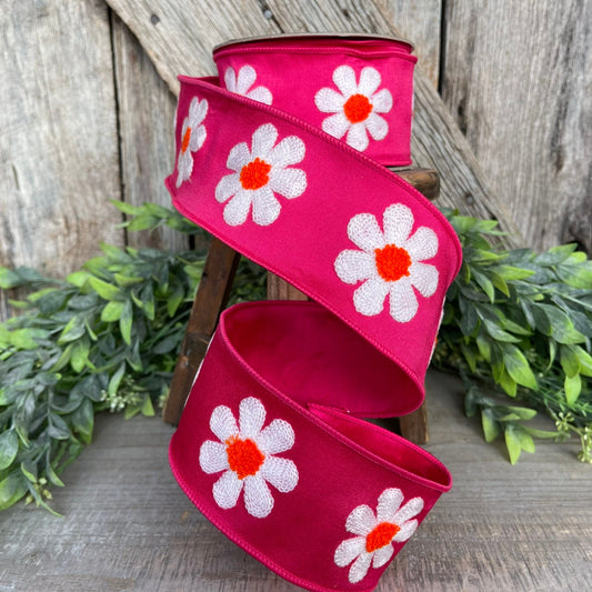 2.5" Hot Pink Daisy Ribbon, Farrisilk Ribbon