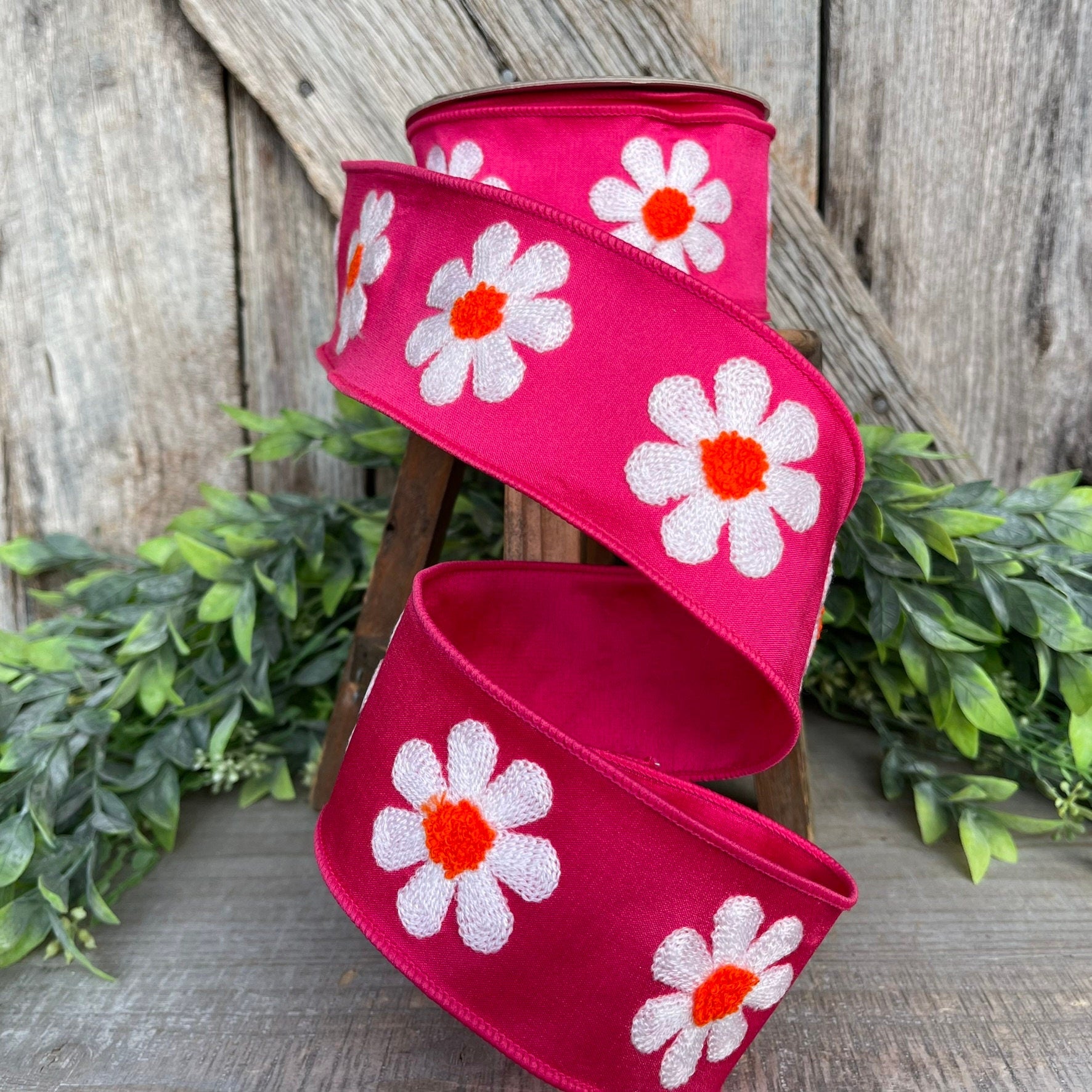 2.5" Hot Pink Daisy Ribbon, Farrisilk Ribbon, Spring Ribbon