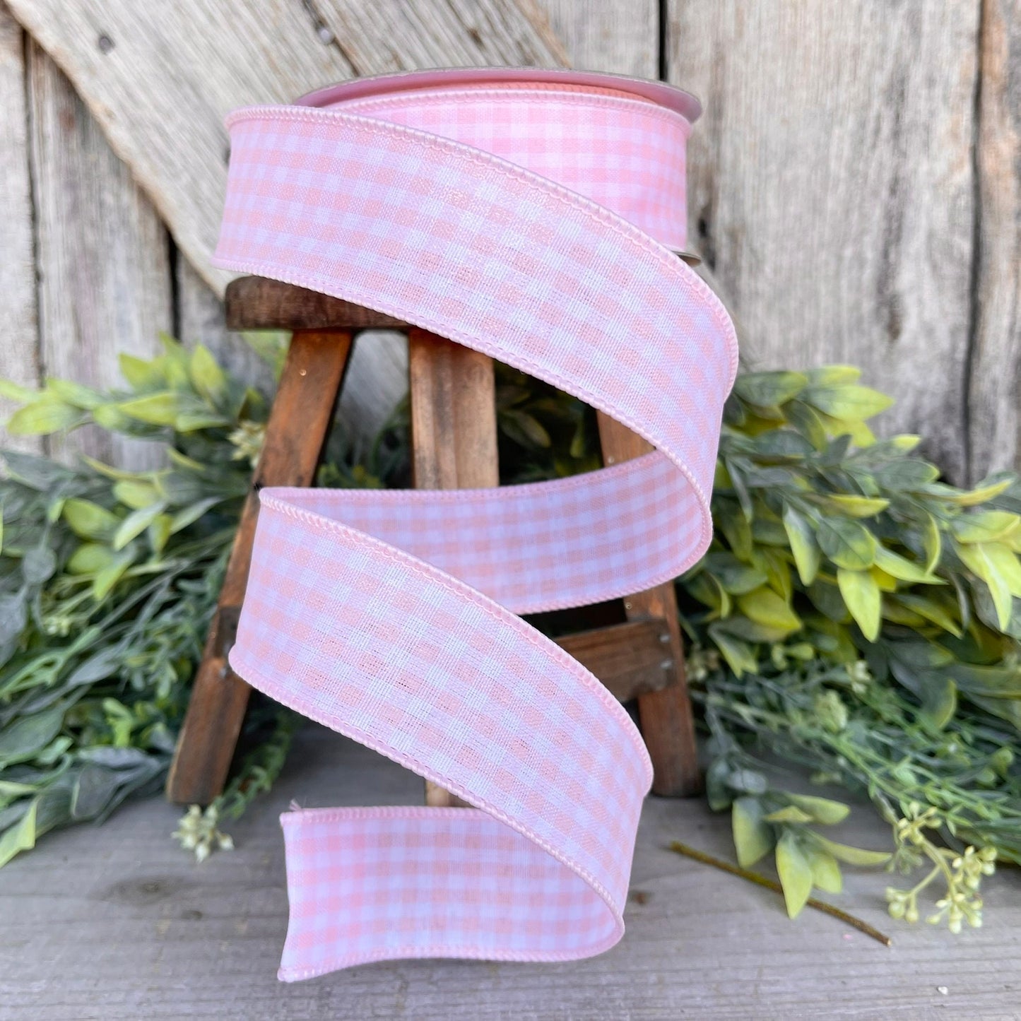 1.5" Light Pink Gingham Ribbon, Farrisilk Ribbon, Blush Pink Micro Checks Ribbon