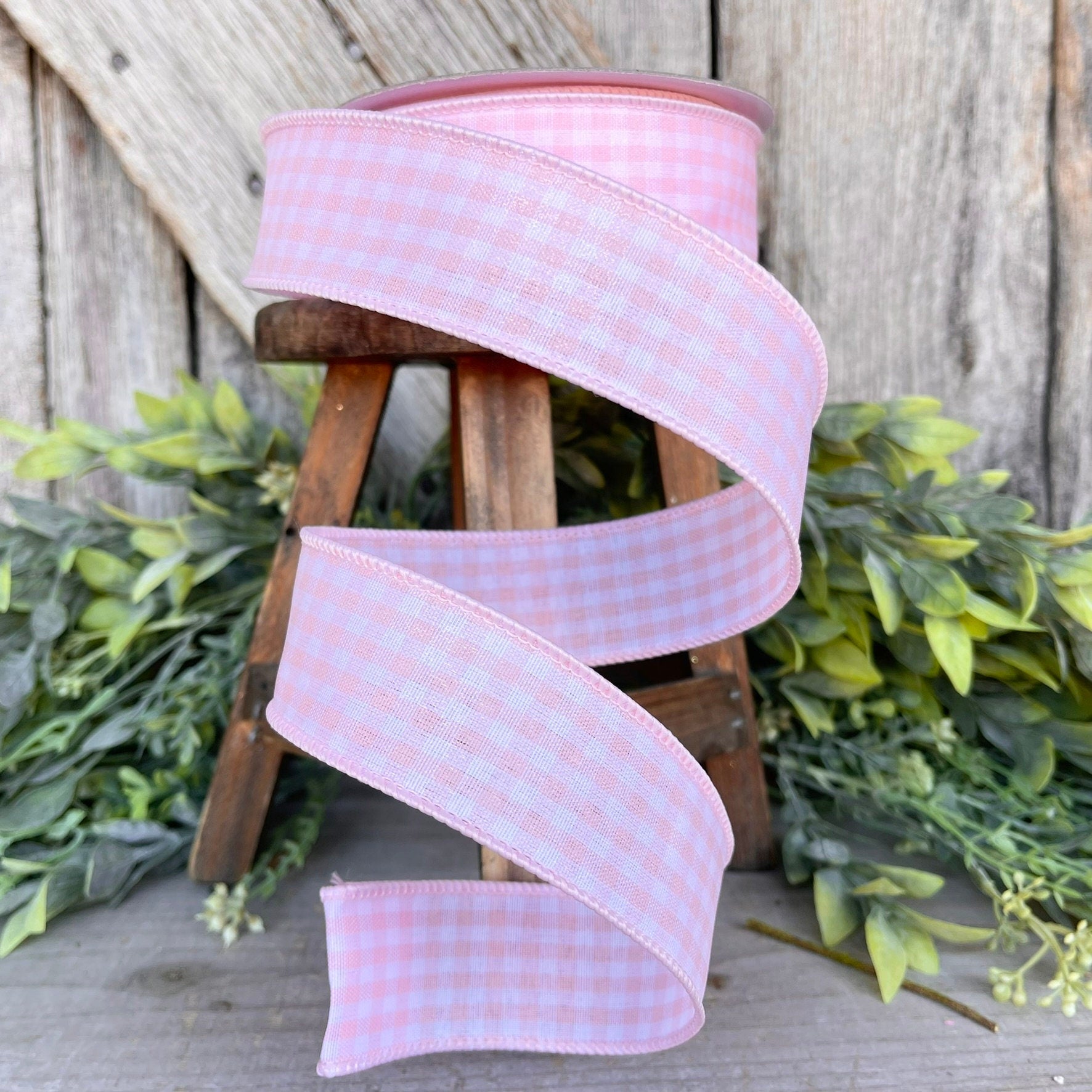 1.5" Light Pink Gingham Ribbon, Farrisilk Ribbon, Blush Pink Micro Checks Ribbon