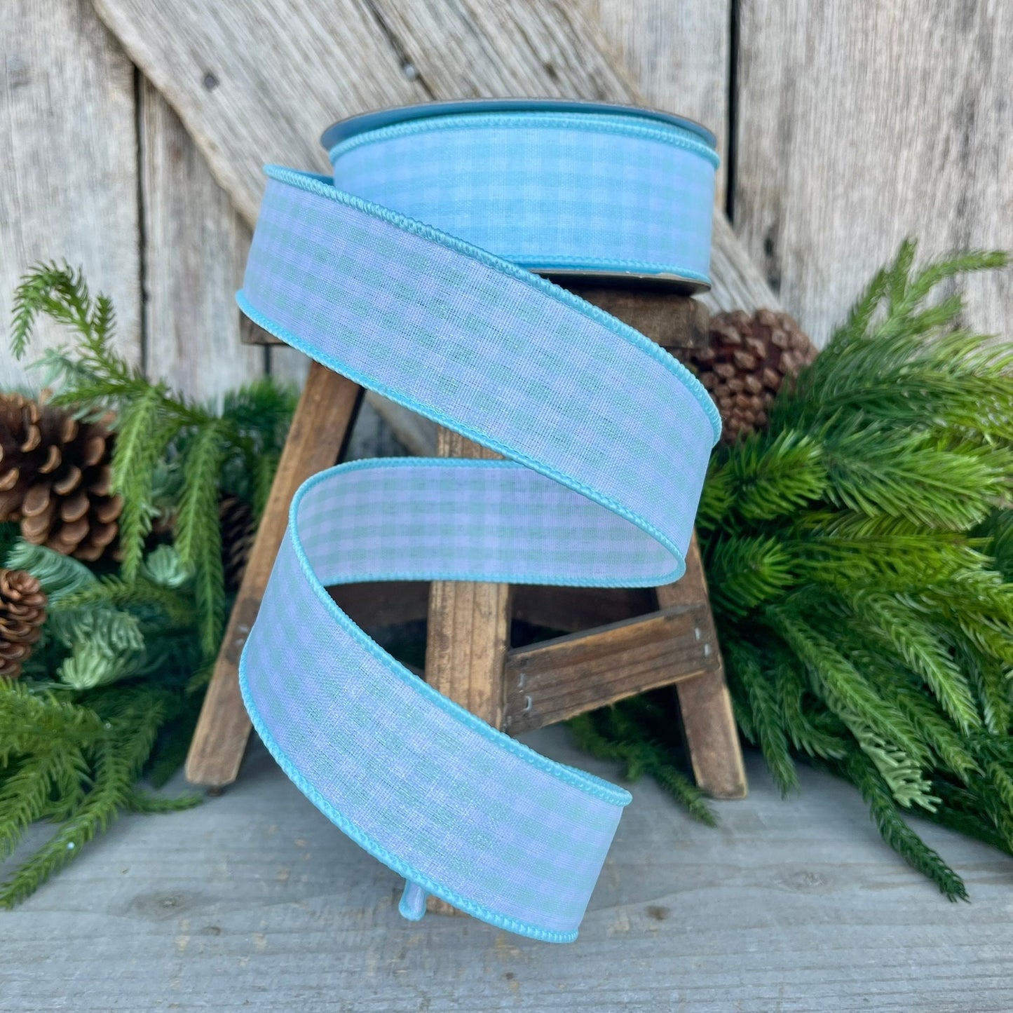 1.5" Light Blue Gingham Ribbon, Farrisilk Ribbon, Blue Micro Checks Ribbon