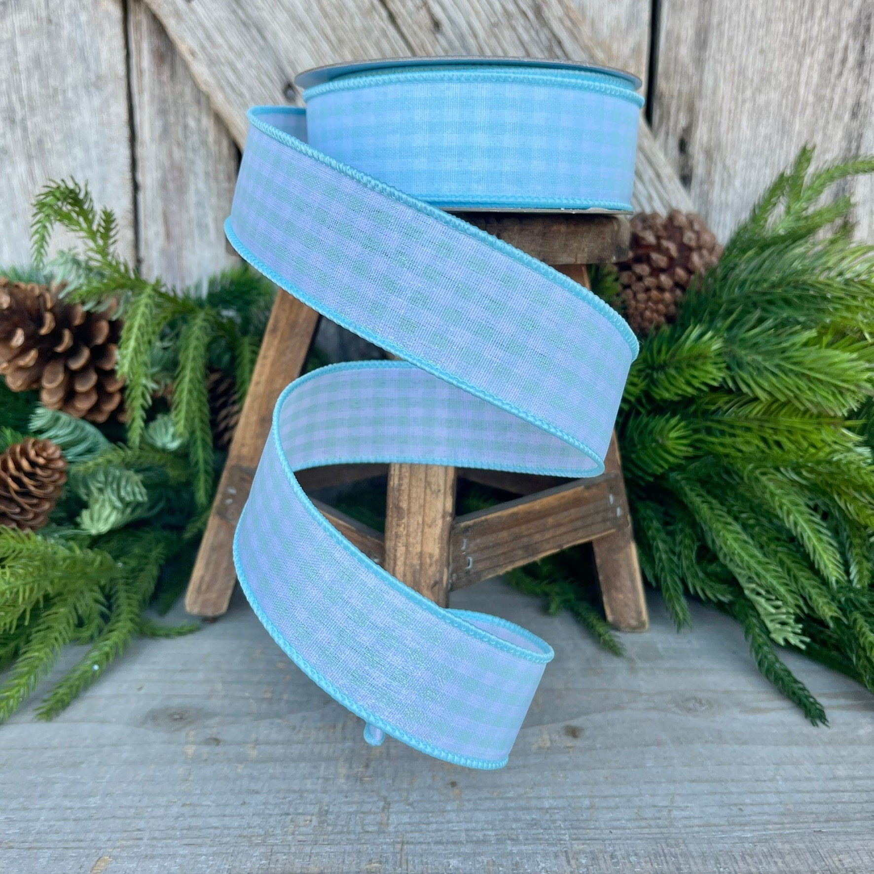 1.5" Light Blue Gingham Ribbon, Farrisilk Ribbon, Blue Micro Checks Ribbon