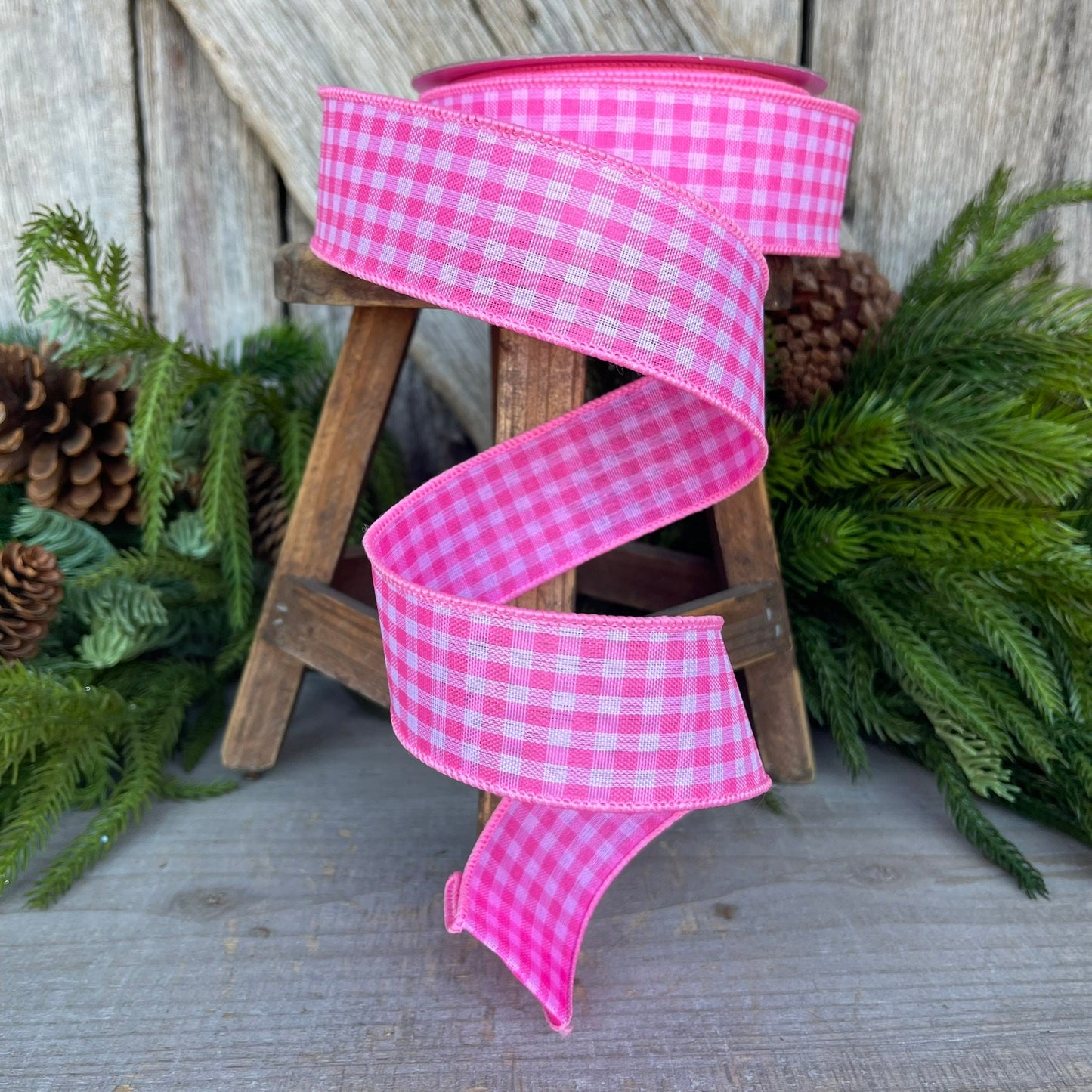 1.5" Bubblegum Pink Gingham Ribbon, Farrisilk Ribbon, Pink Micro Checks Ribbon