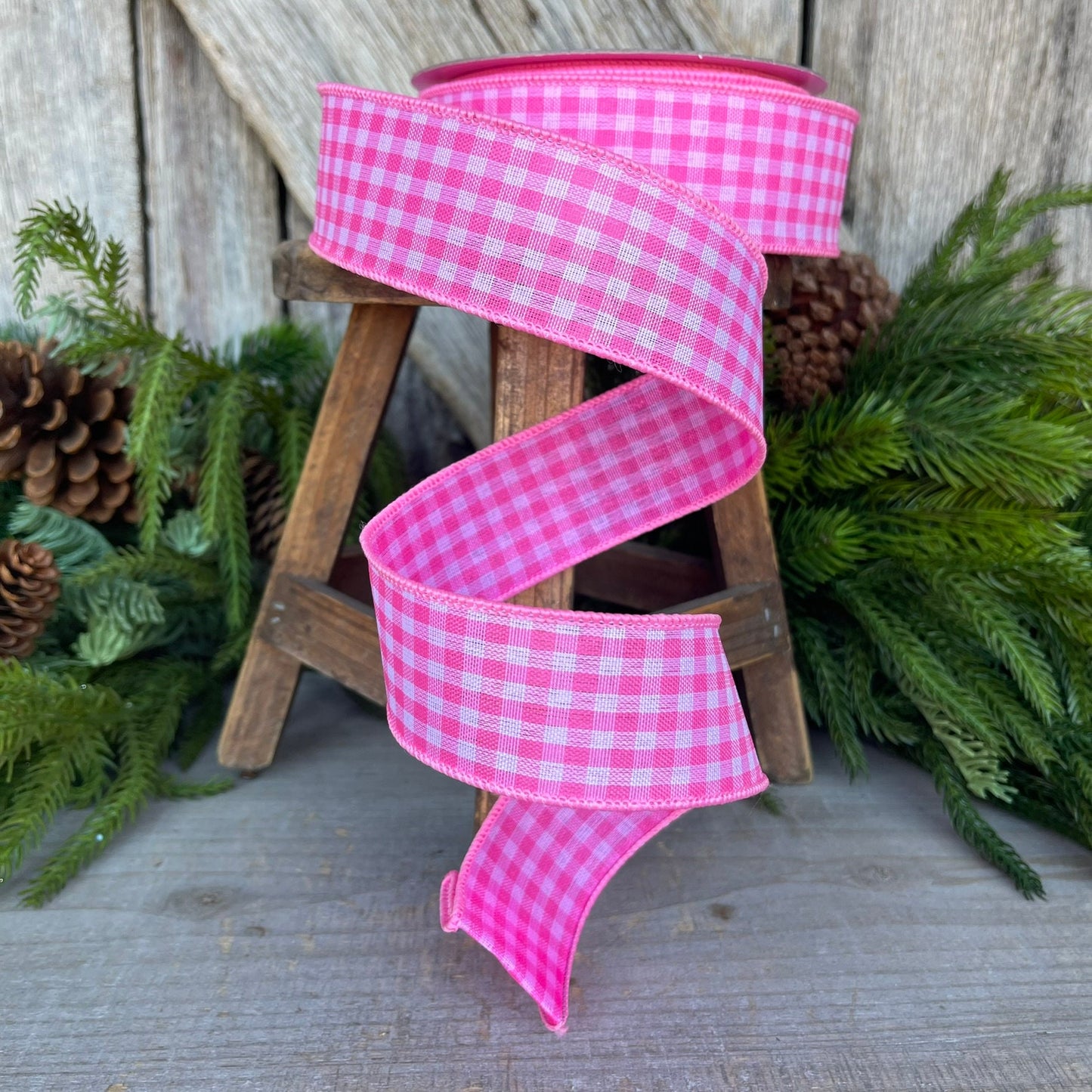 1.5" Bubblegum Pink Gingham Ribbon, Farrisilk Ribbon, Pink Micro Checks Ribbon