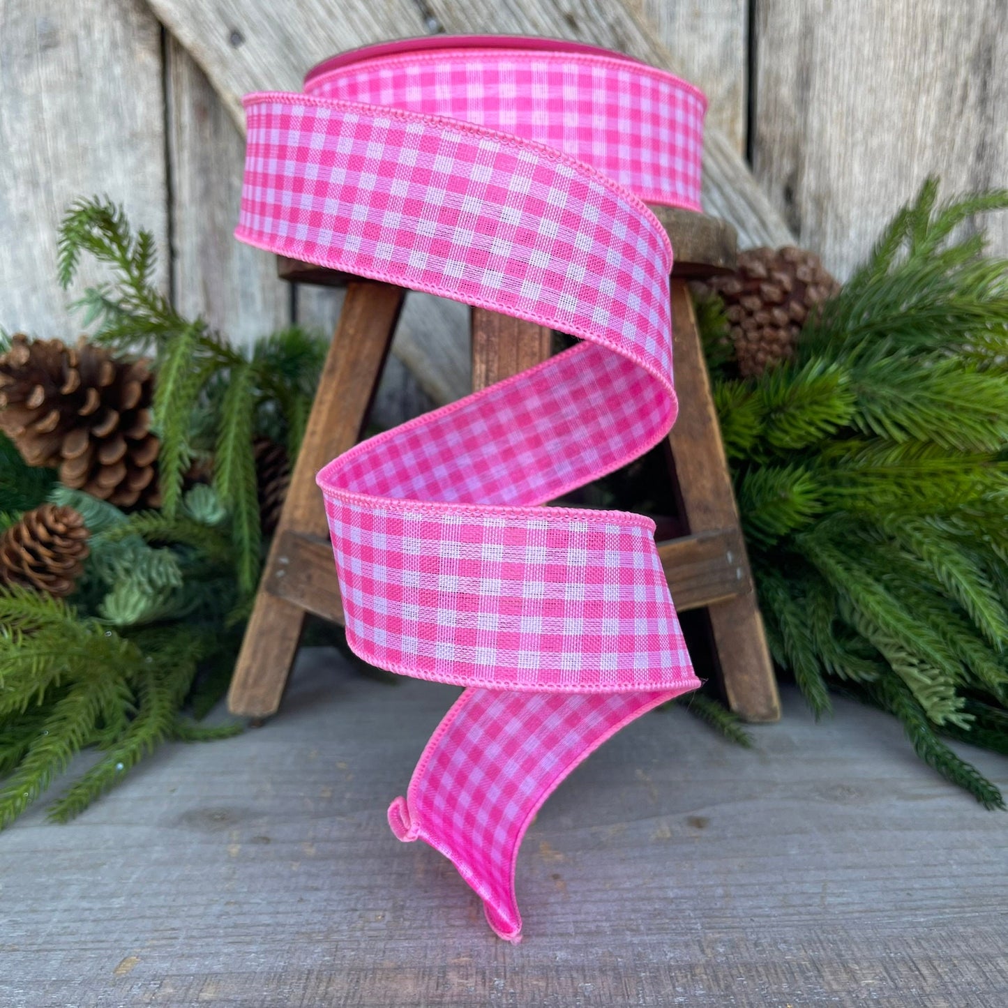 1.5" Bubblegum Pink Gingham Ribbon, Farrisilk Ribbon, Pink Micro Checks Ribbon