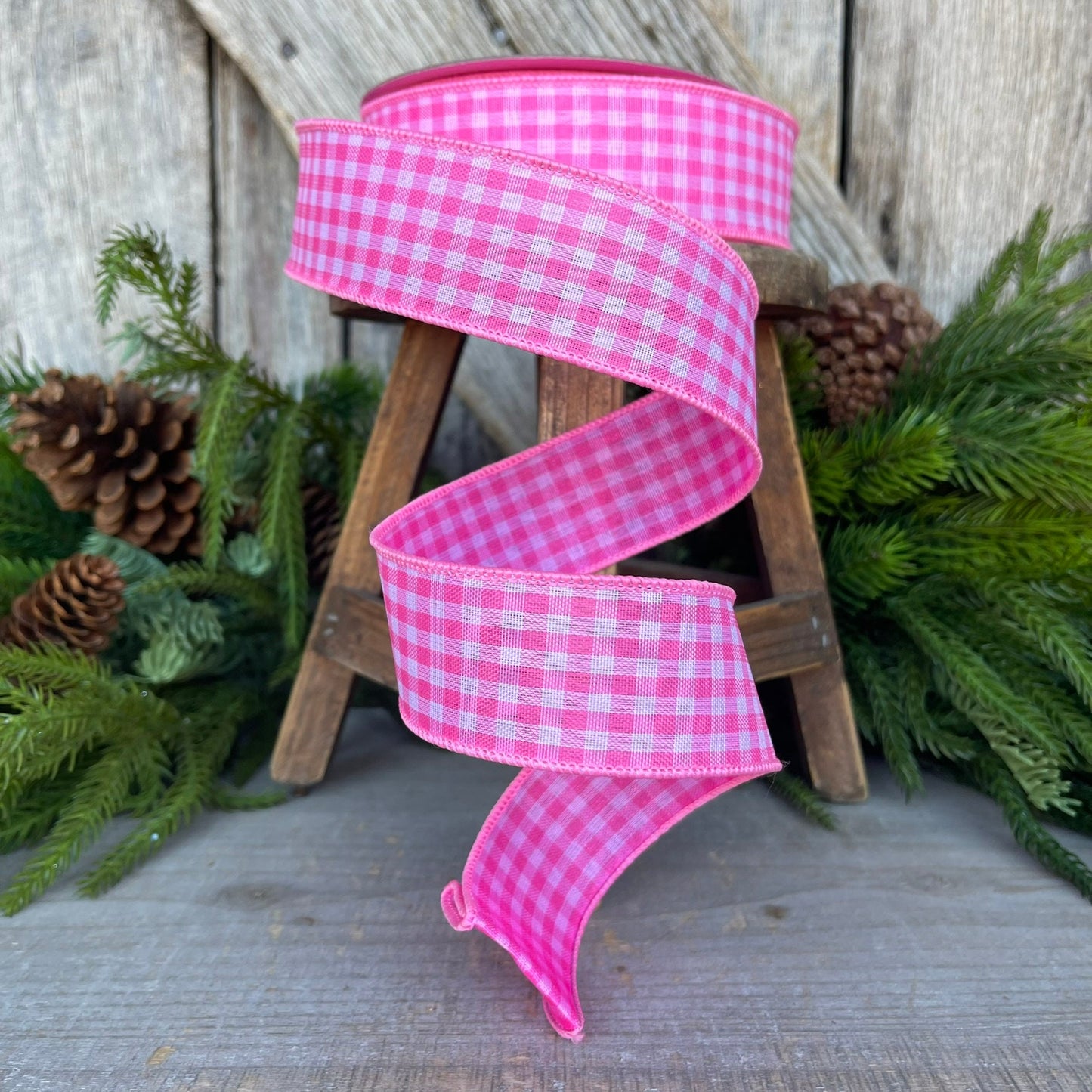 1.5" Bubblegum Pink Gingham Ribbon, Farrisilk Ribbon, Pink Micro Checks Ribbon