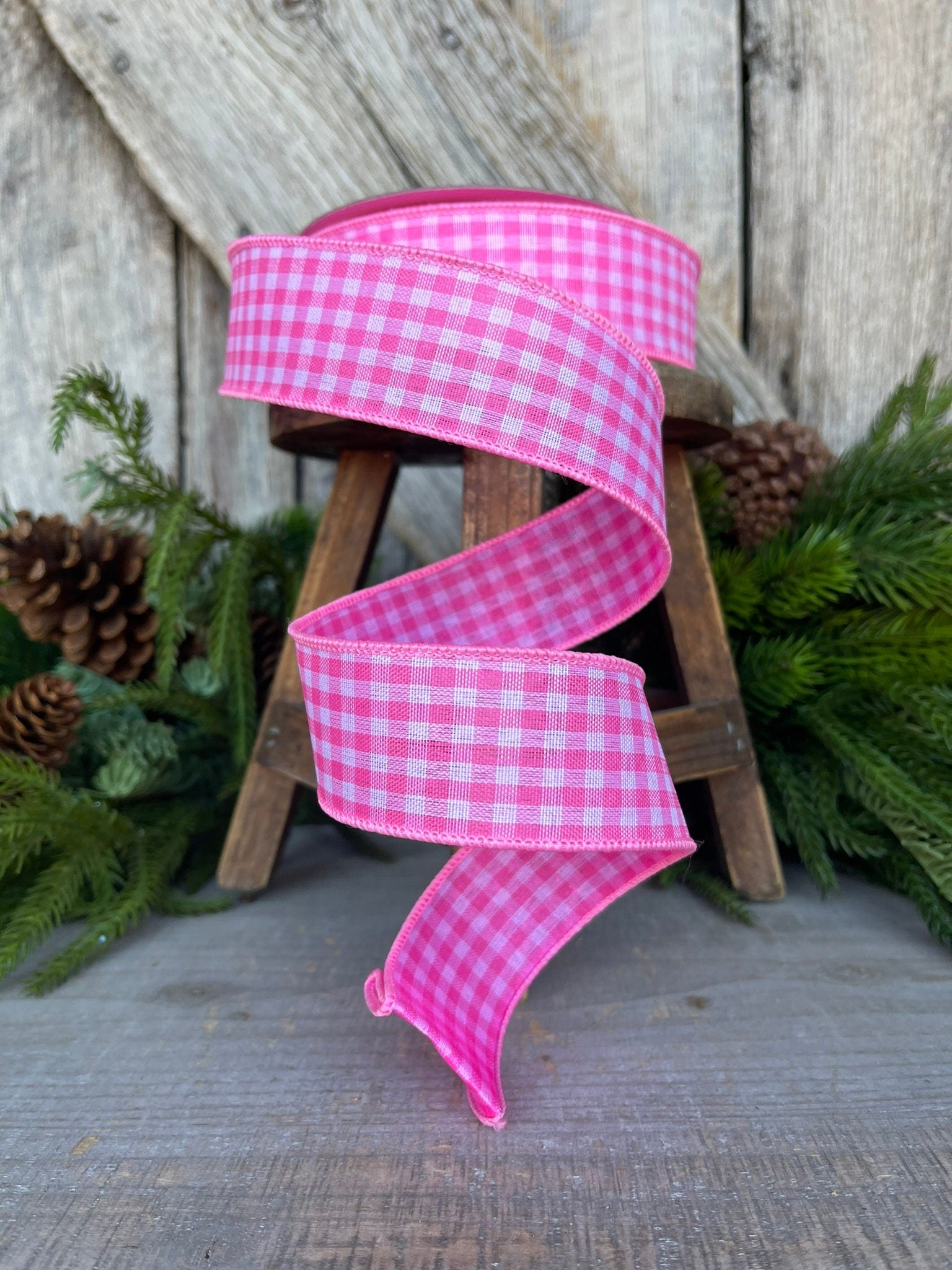 1.5" Bubblegum Pink Gingham Ribbon, Farrisilk Ribbon, Pink Micro Checks Ribbon