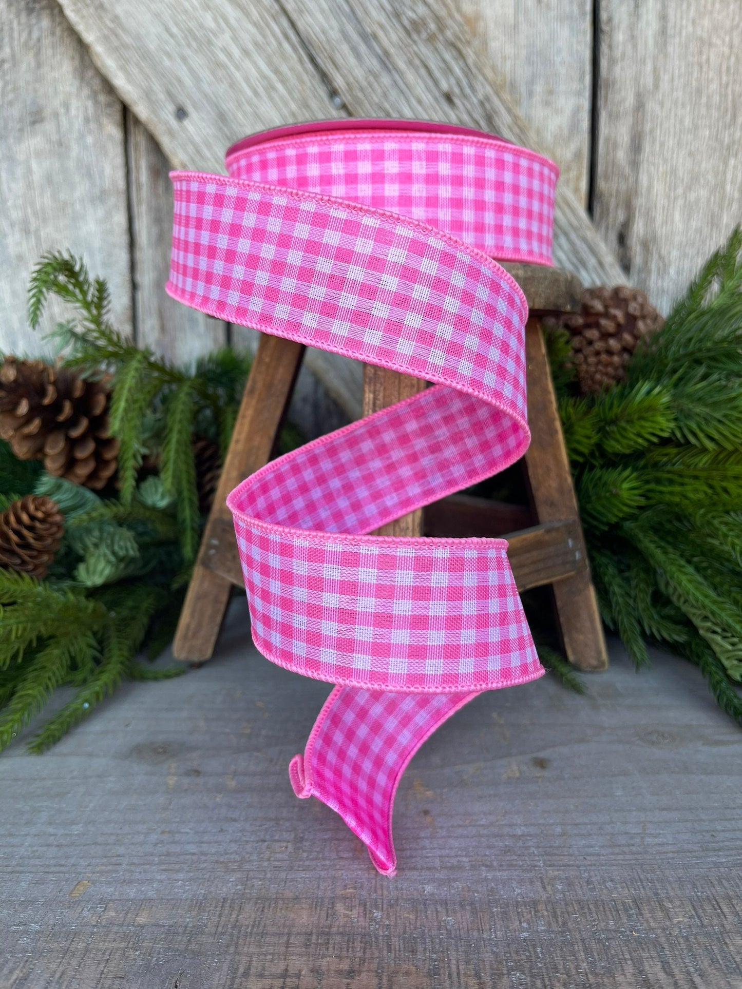 1.5" Bubblegum Pink Gingham Ribbon, Farrisilk Ribbon, Pink Micro Checks Ribbon