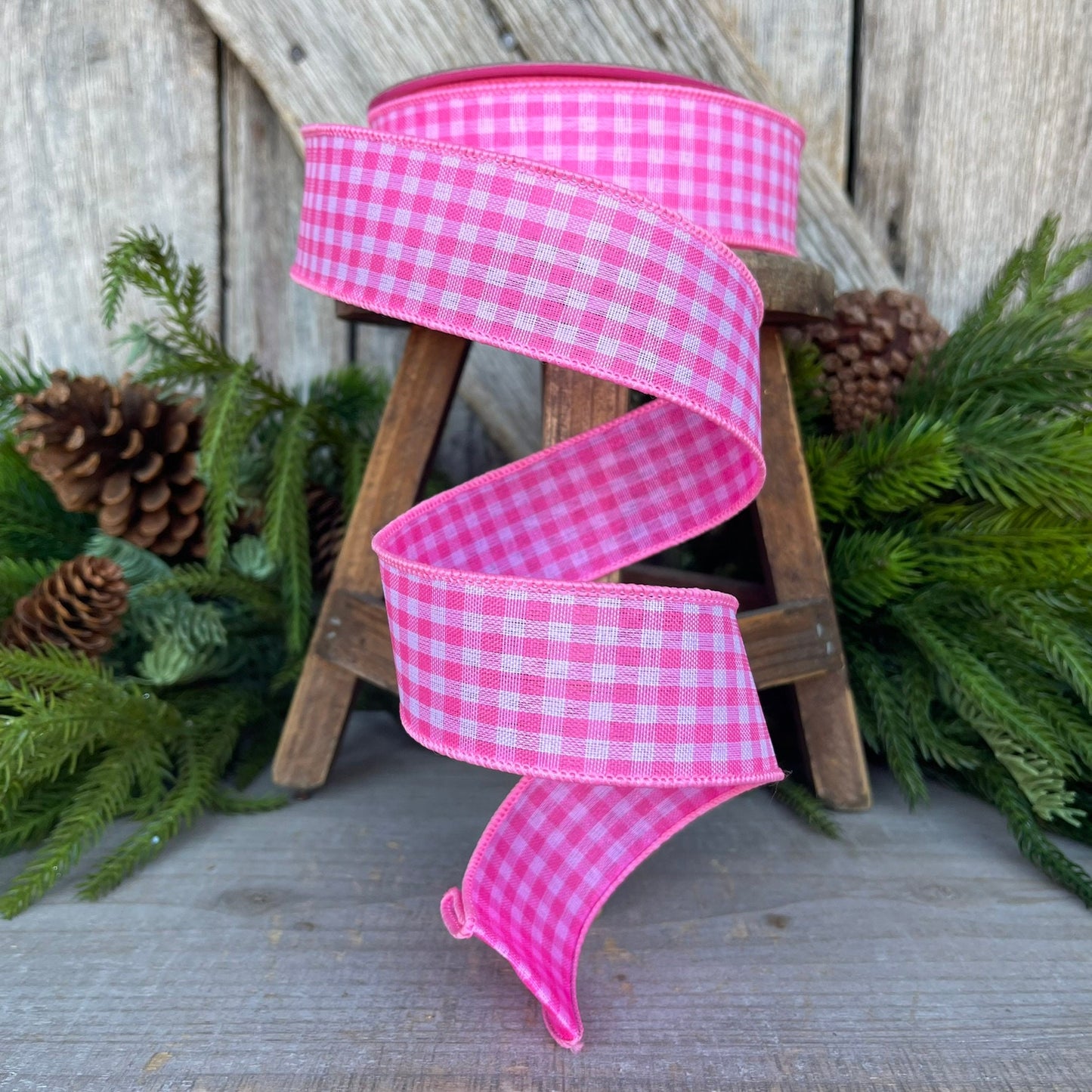 1.5" Bubblegum Pink Gingham Ribbon, Farrisilk Ribbon, Pink Micro Checks Ribbon