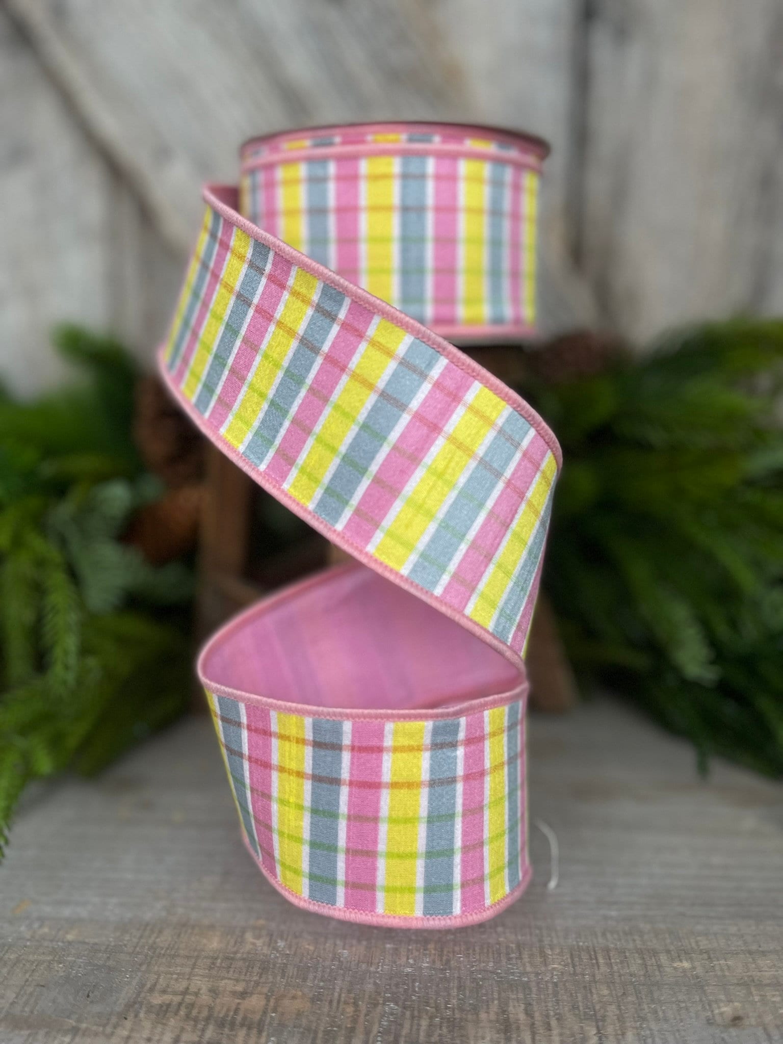 2.5" Pink Yellow Pastel Checks, Farrisilk Ribbon, Spring Ribbon