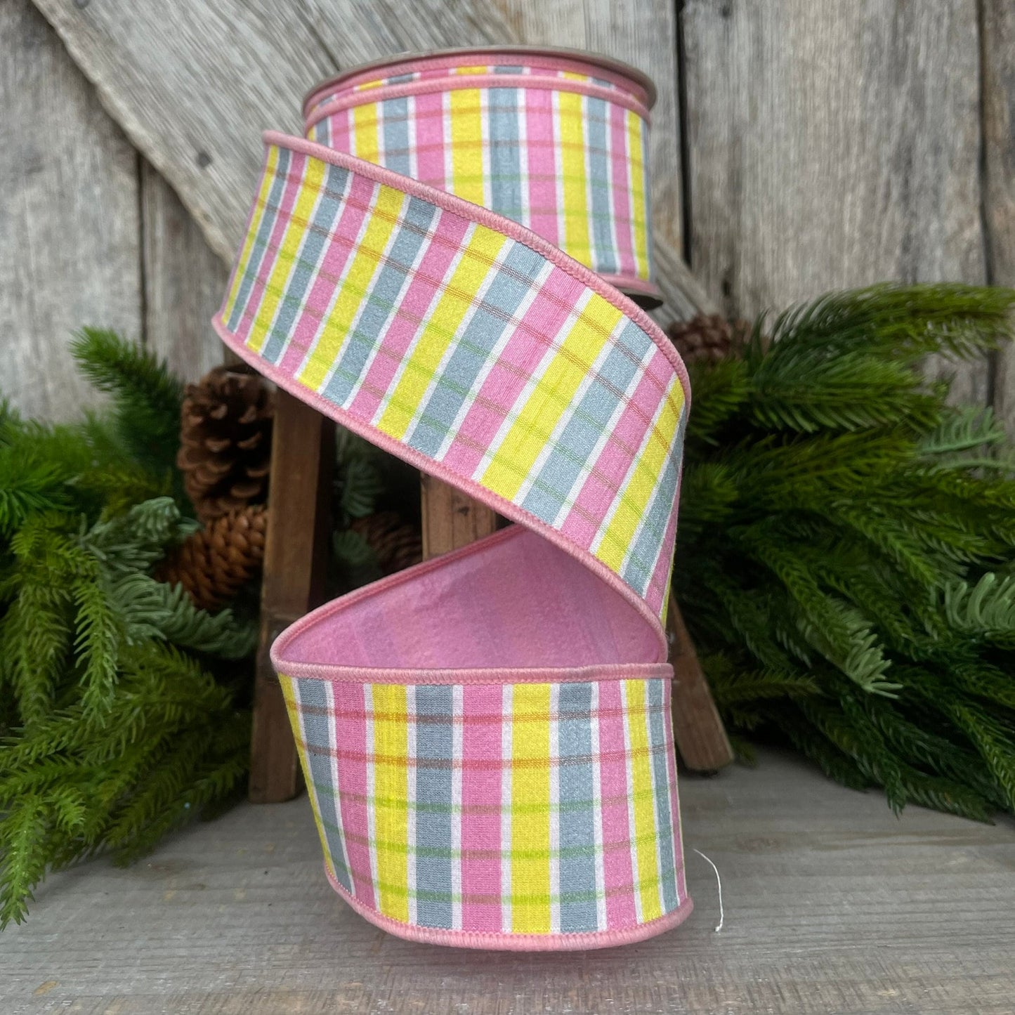 2.5" Pink Yellow Pastel Checks, Farrisilk Ribbon, Spring Ribbon