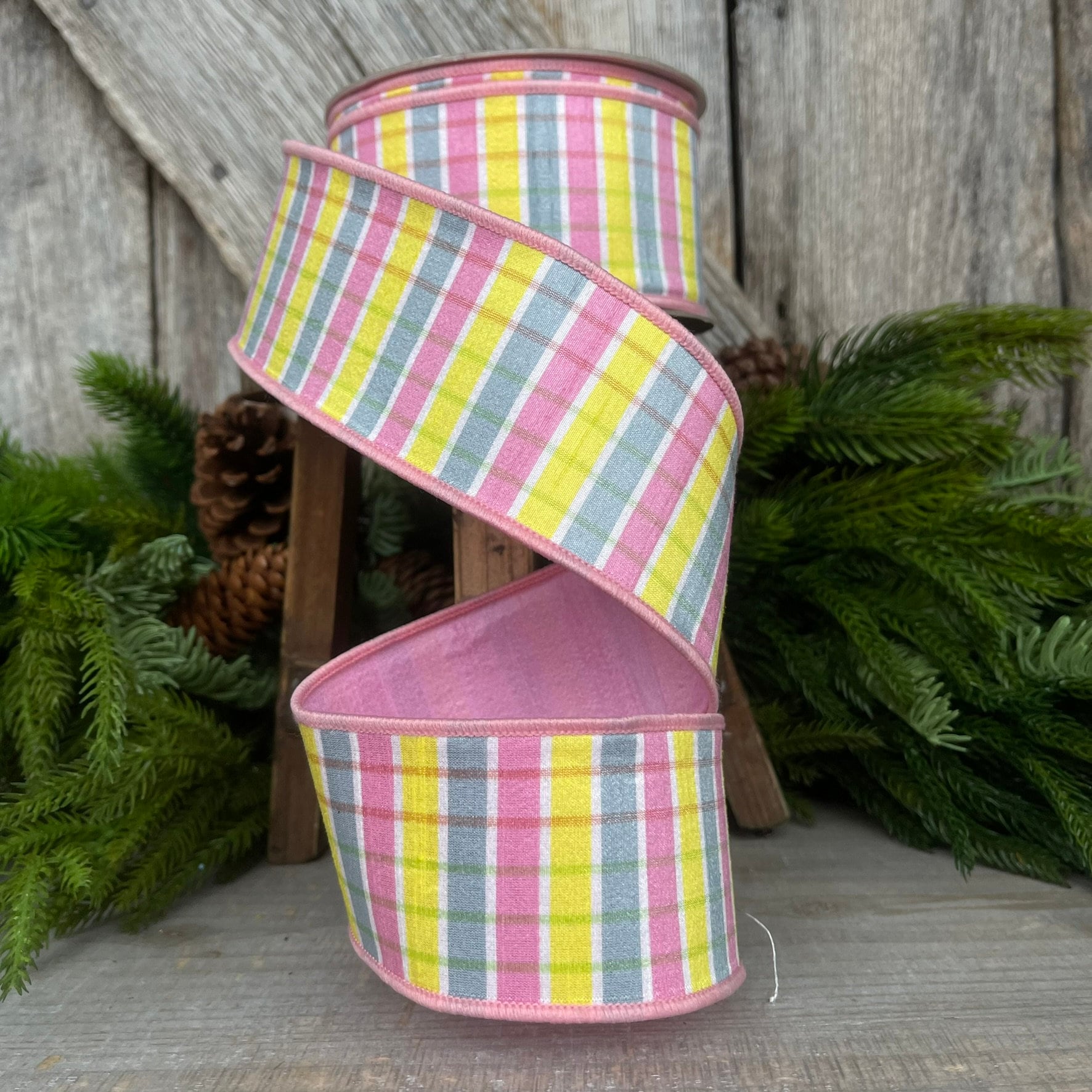 2.5" Pink Yellow Pastel Checks, Farrisilk Ribbon, Spring Ribbon