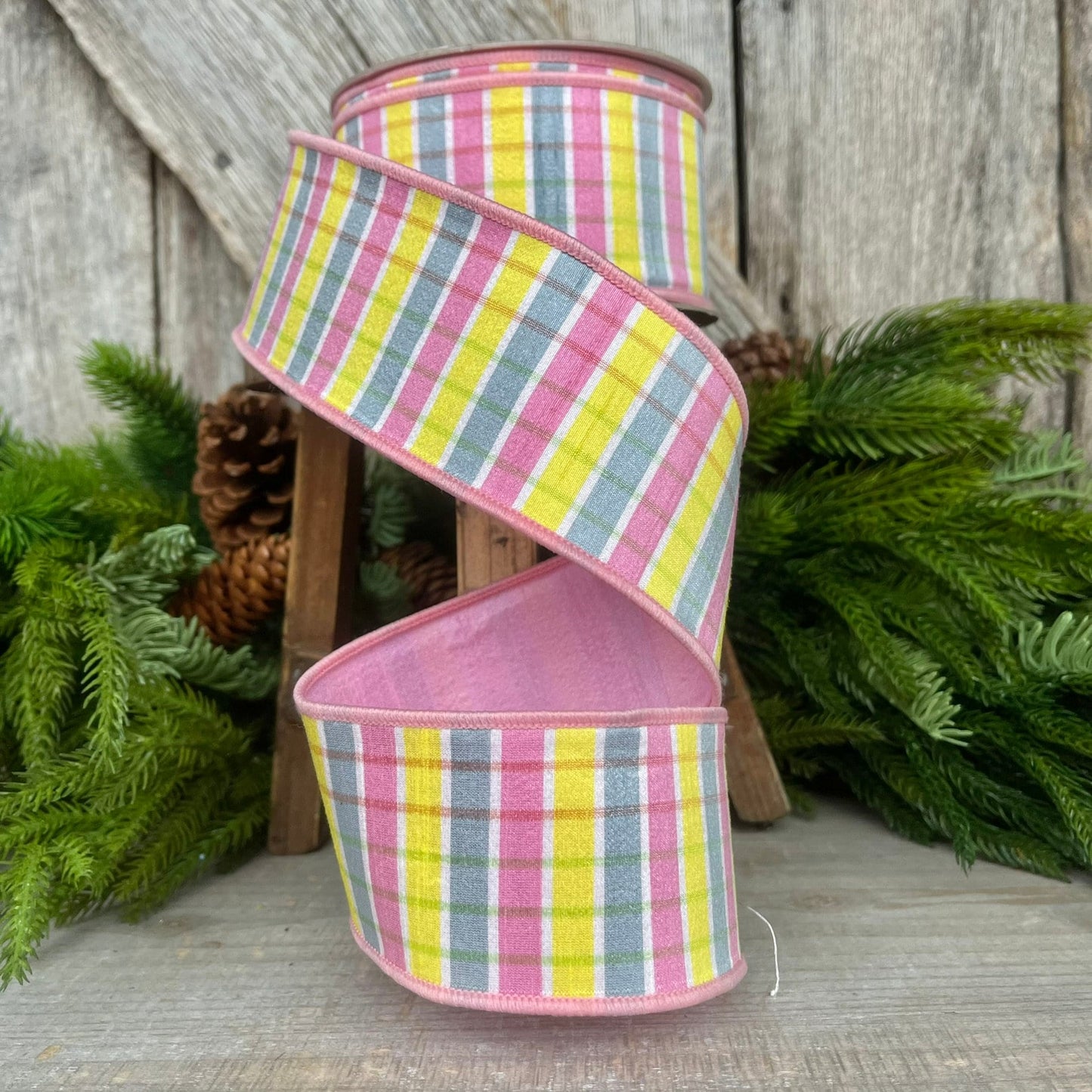 2.5" Pink Yellow Pastel Checks, Farrisilk Ribbon, Spring Ribbon