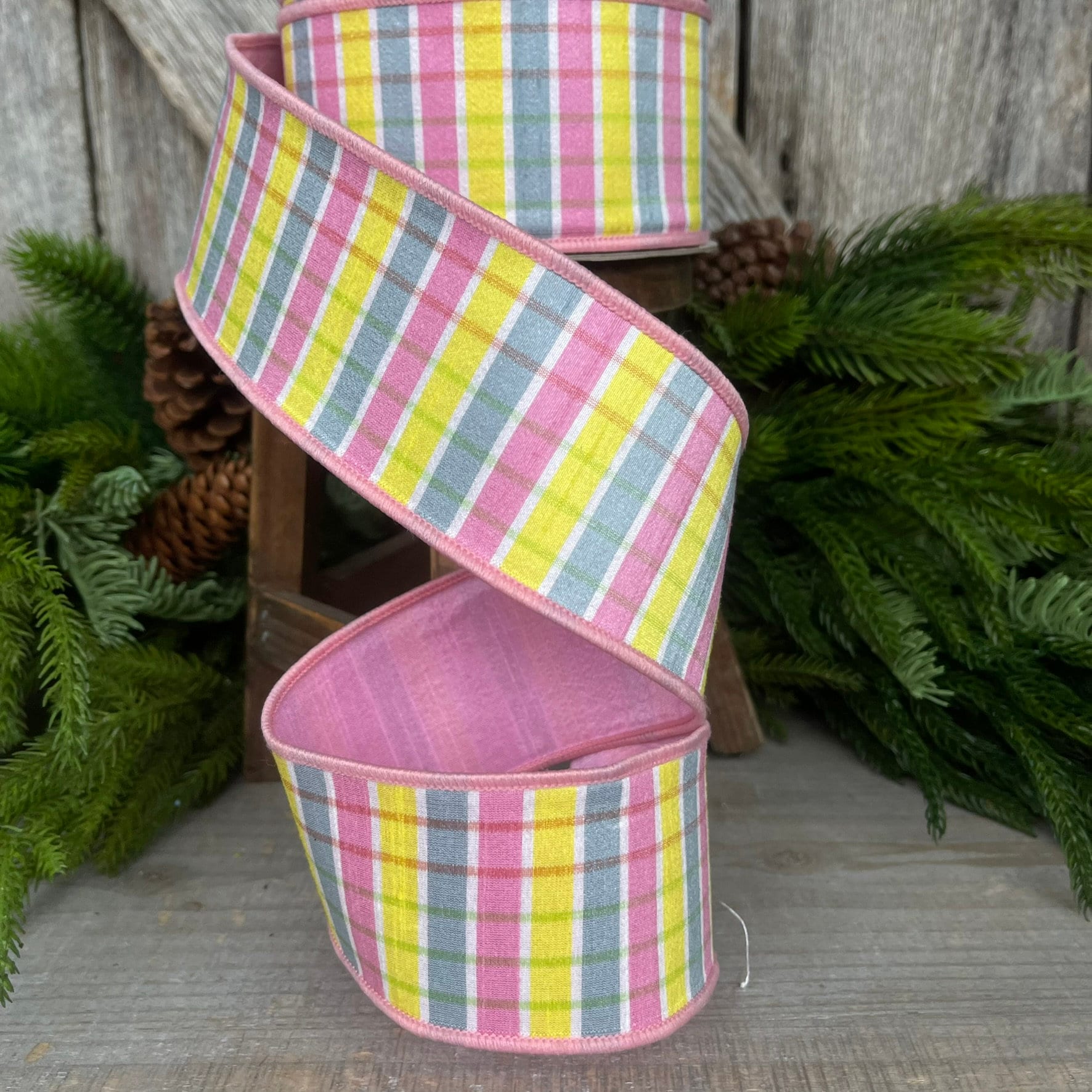 2.5" Pink Yellow Pastel Checks, Farrisilk Ribbon, Spring Ribbon