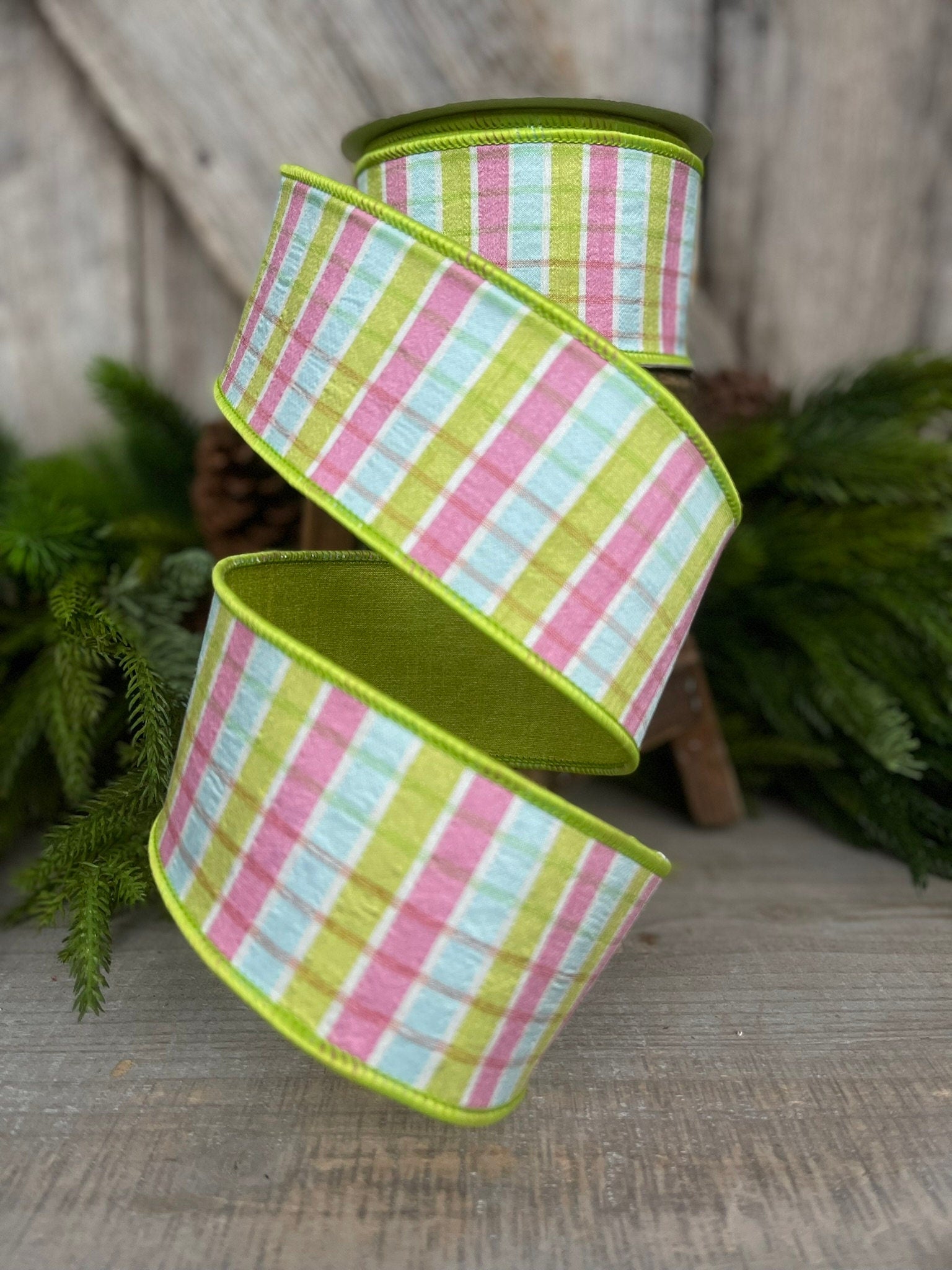 2.5" Pink Lime Green Pastel Plaid, Farrisilk Ribbon, Spring Ribbon