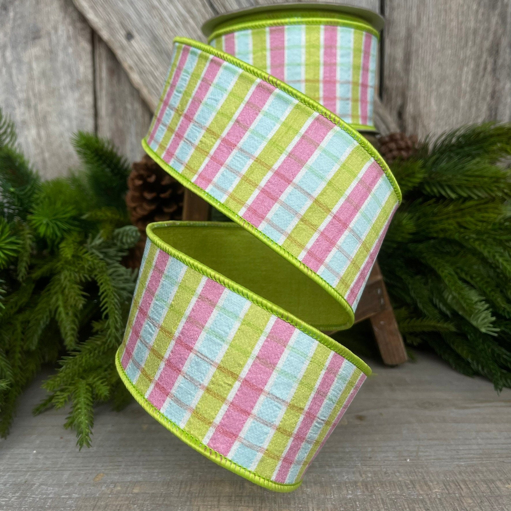 2.5" Pink Lime Green Pastel Plaid, Farrisilk Ribbon, Spring Ribbon