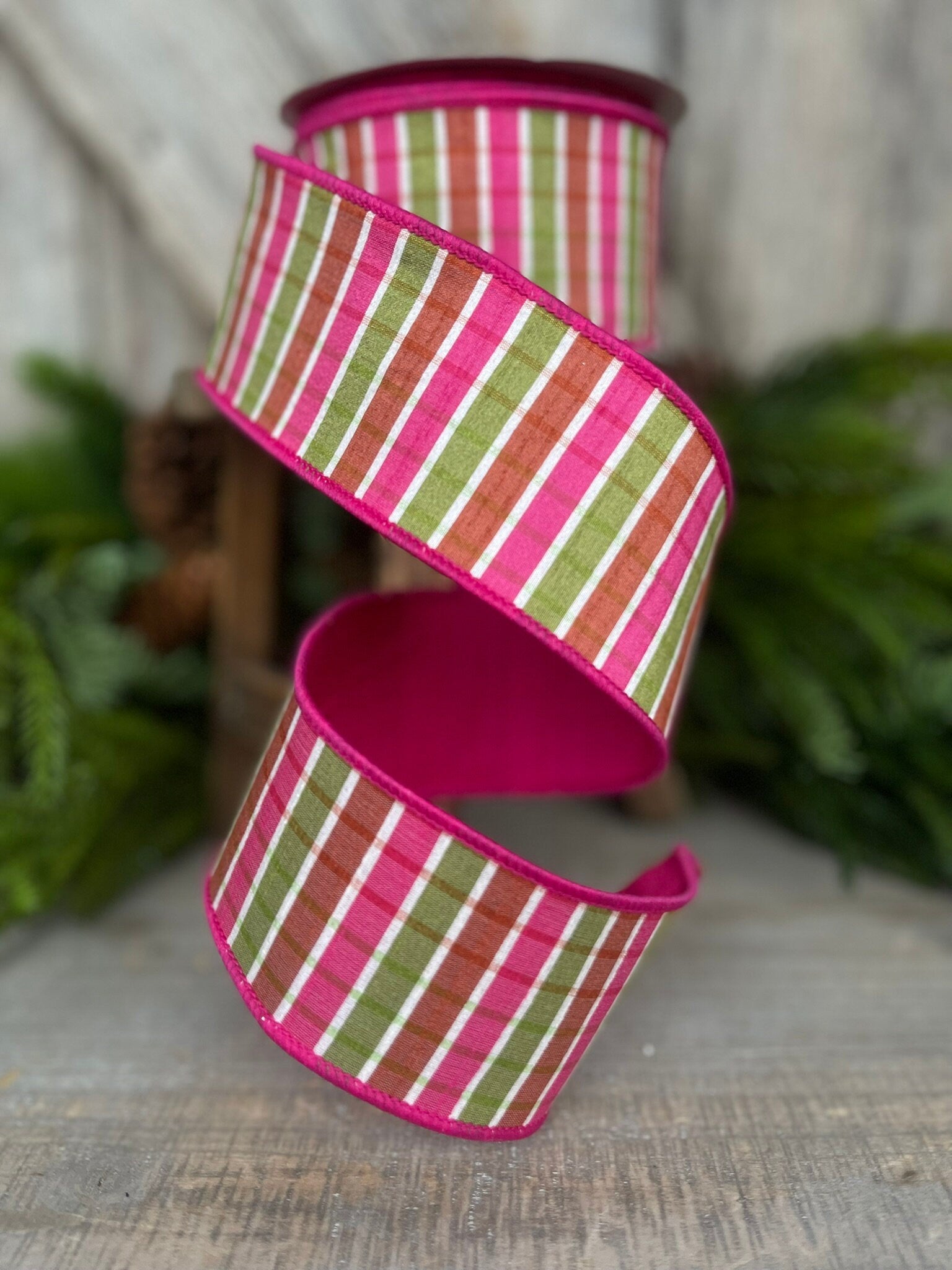 2.5" Hot Pink Green Pastel Plaid, Farrisilk Ribbon, Spring Ribbon