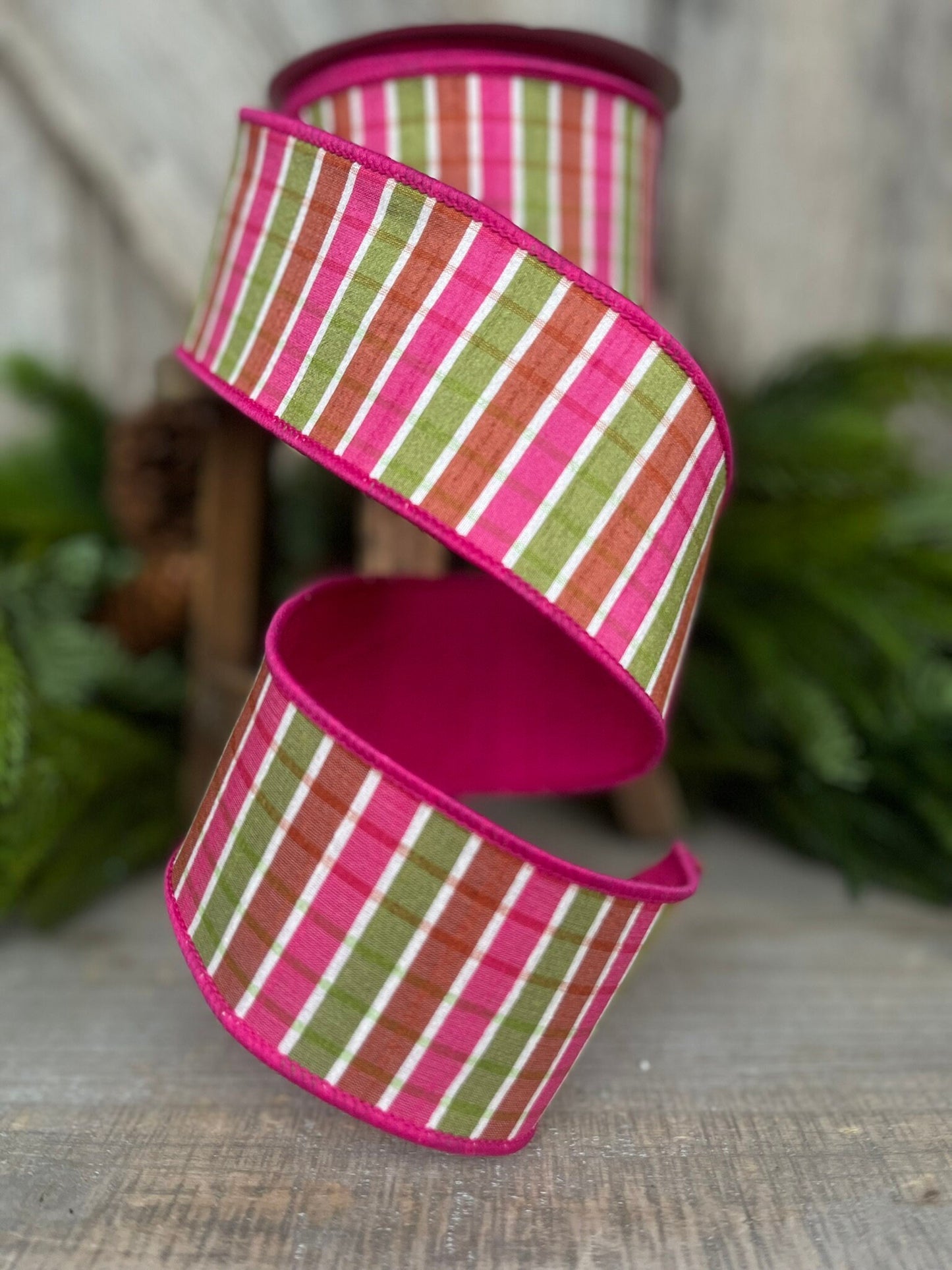 2.5" Hot Pink Green Pastel Plaid, Farrisilk Ribbon, Spring Ribbon