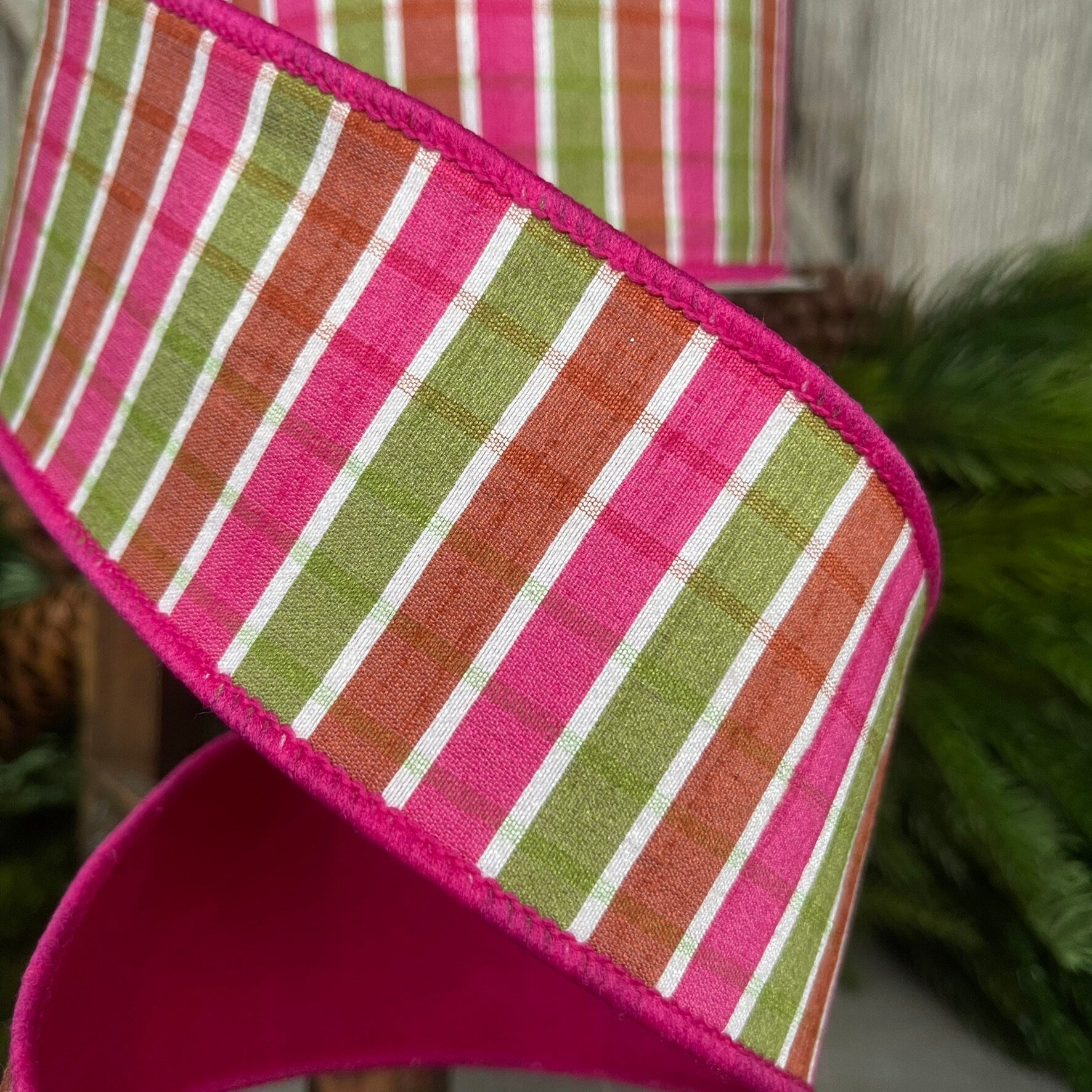 2.5" Hot Pink Green Pastel Plaid, Farrisilk Ribbon, Spring Ribbon