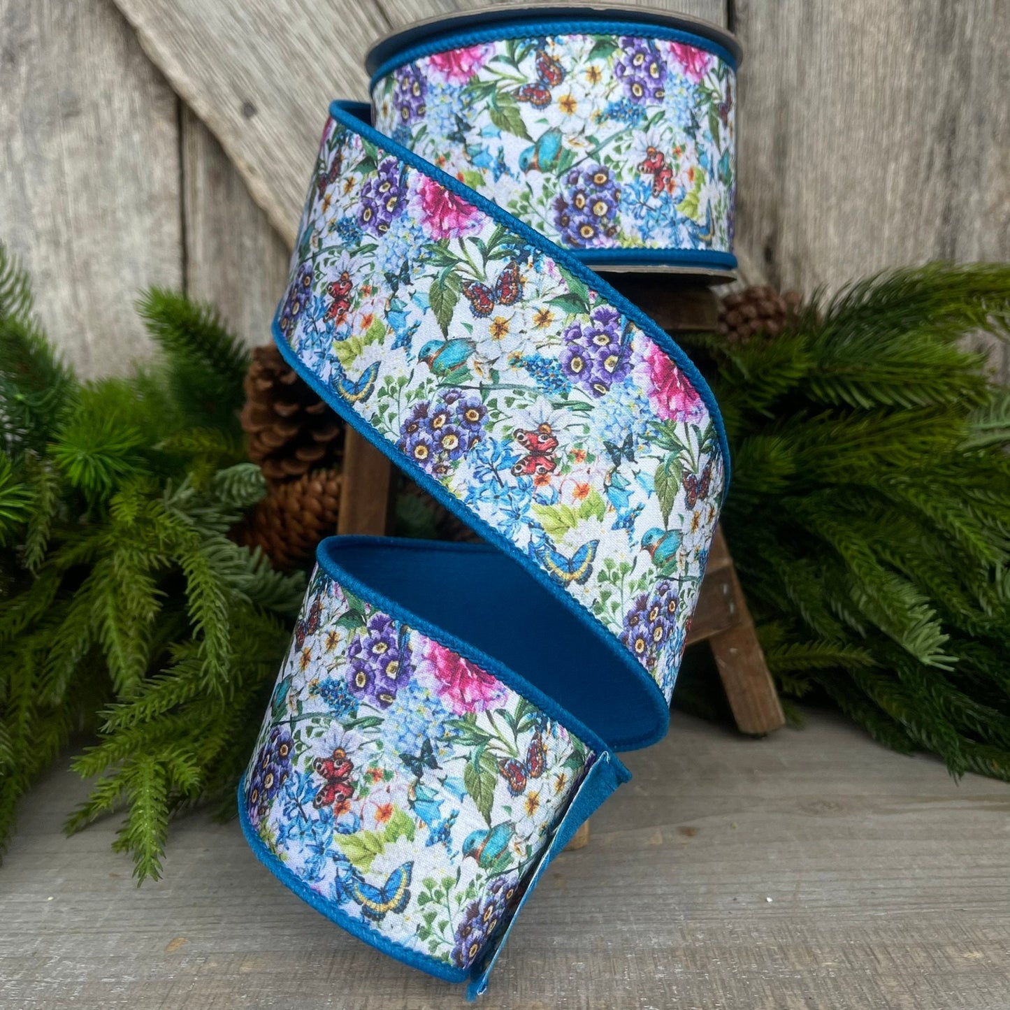 2.5" Blue Floral Garden Ribbon, Farrisilk Ribbon, Spring Ribbon