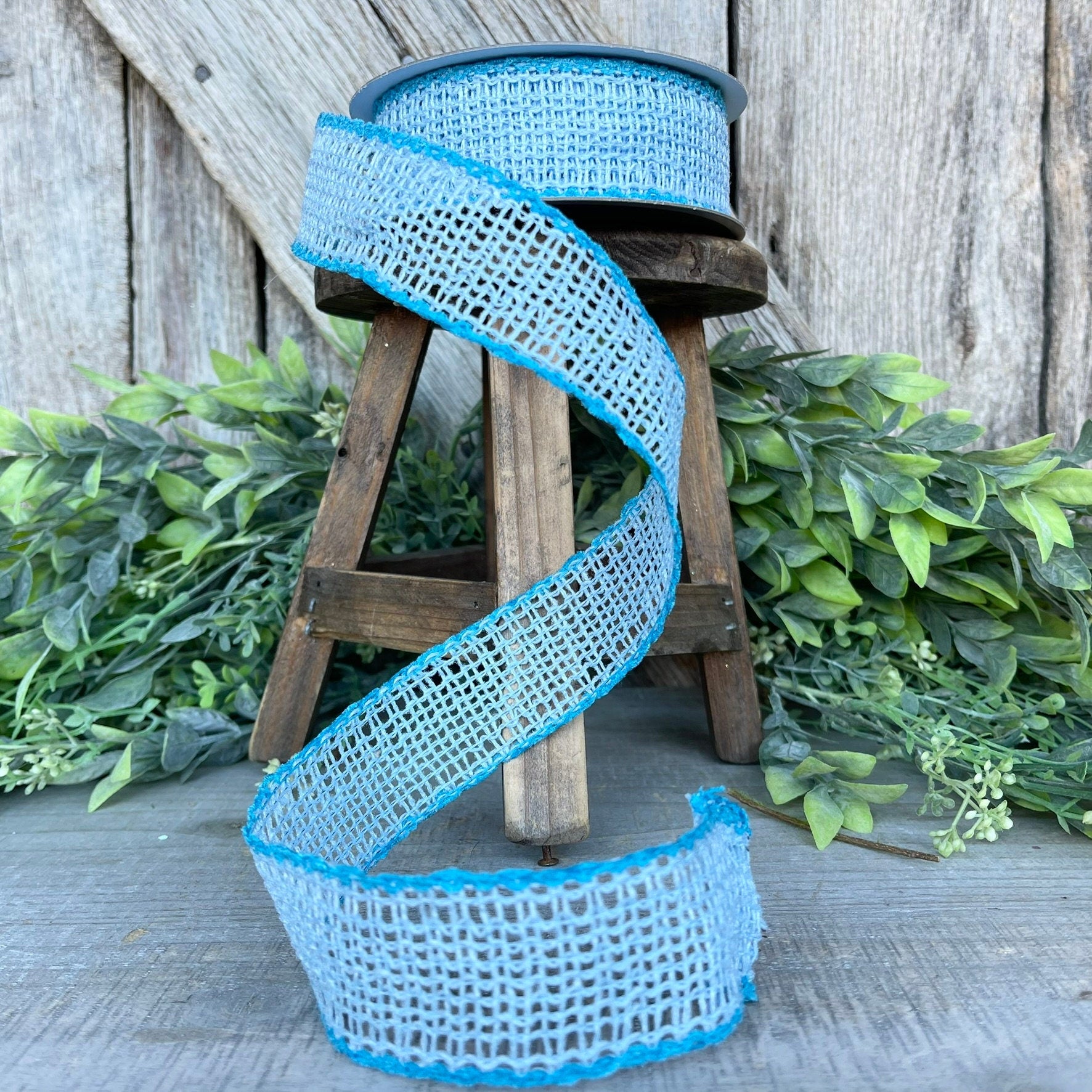 1.5" Light Blue Vibrant Weave Ribbon, Farrisilk Ribbon, Blue Burlap Ribbon