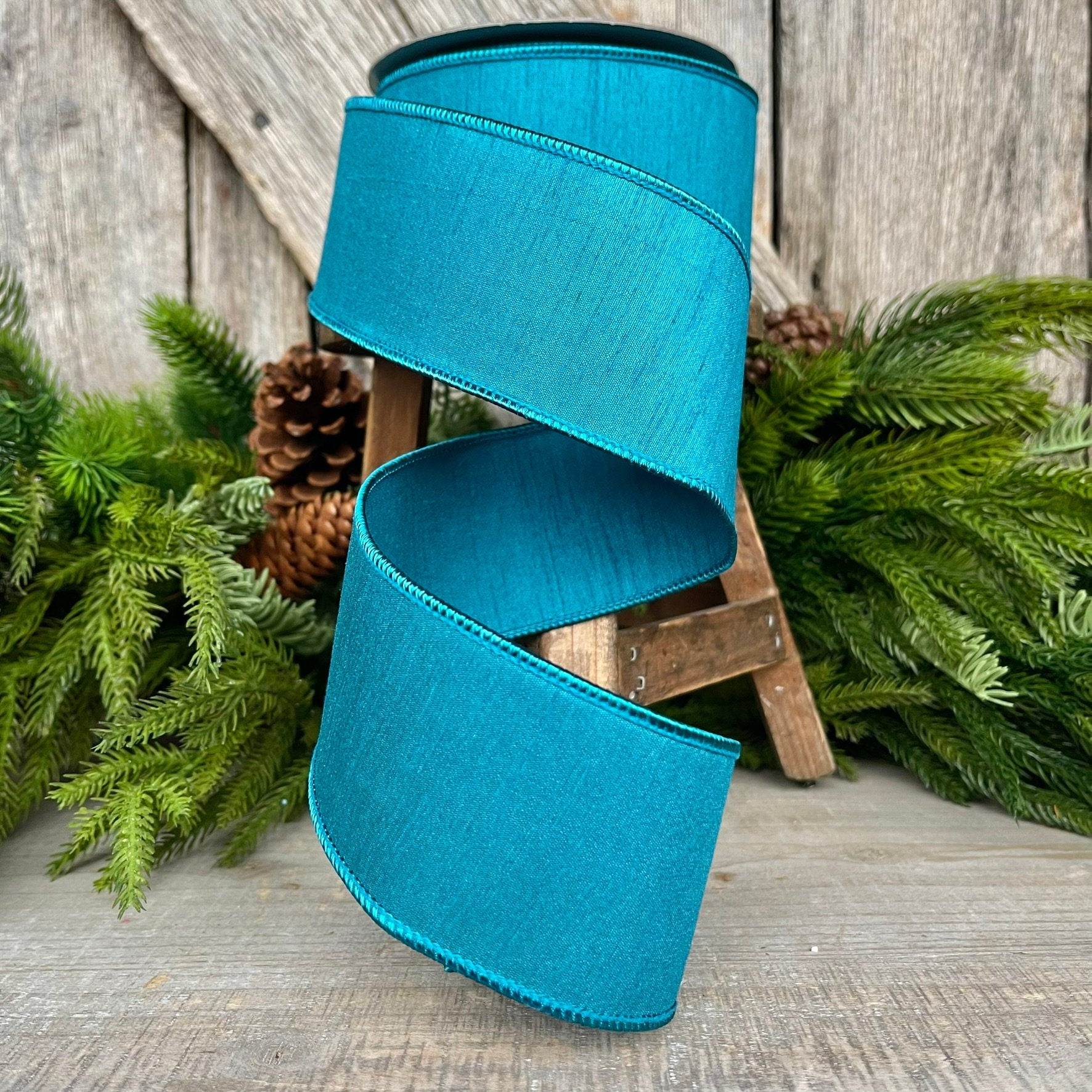 2.5” Turquoise Dupion Ribbon, Farrisilk ribbon, wired ribbon