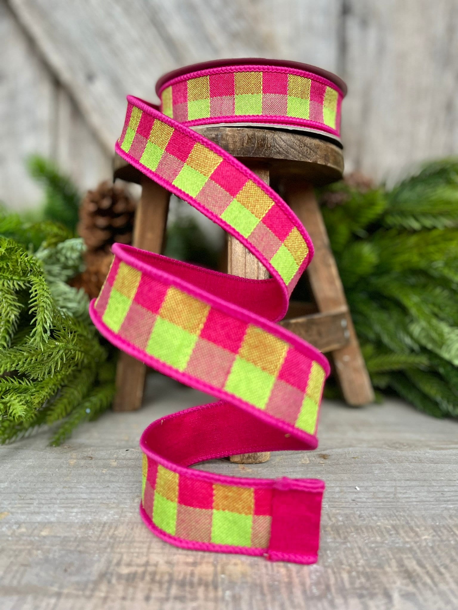 1" Hot Pink Lime Plaid Stitchery Ribbon, Farrisilk Ribbon, Spring Ribbon