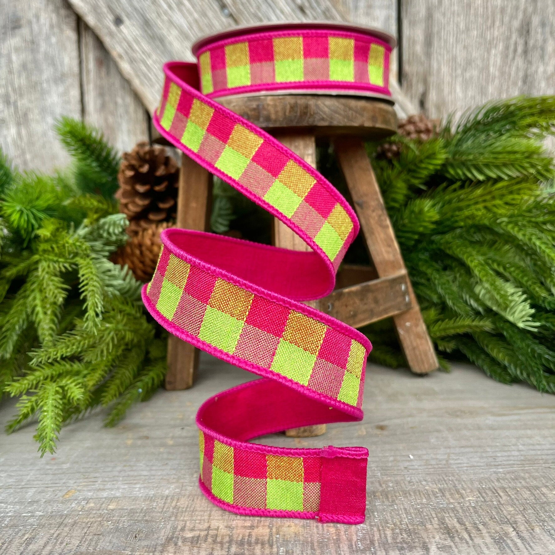 1" Hot Pink Lime Plaid Stitchery Ribbon, Farrisilk Ribbon, Spring Ribbon