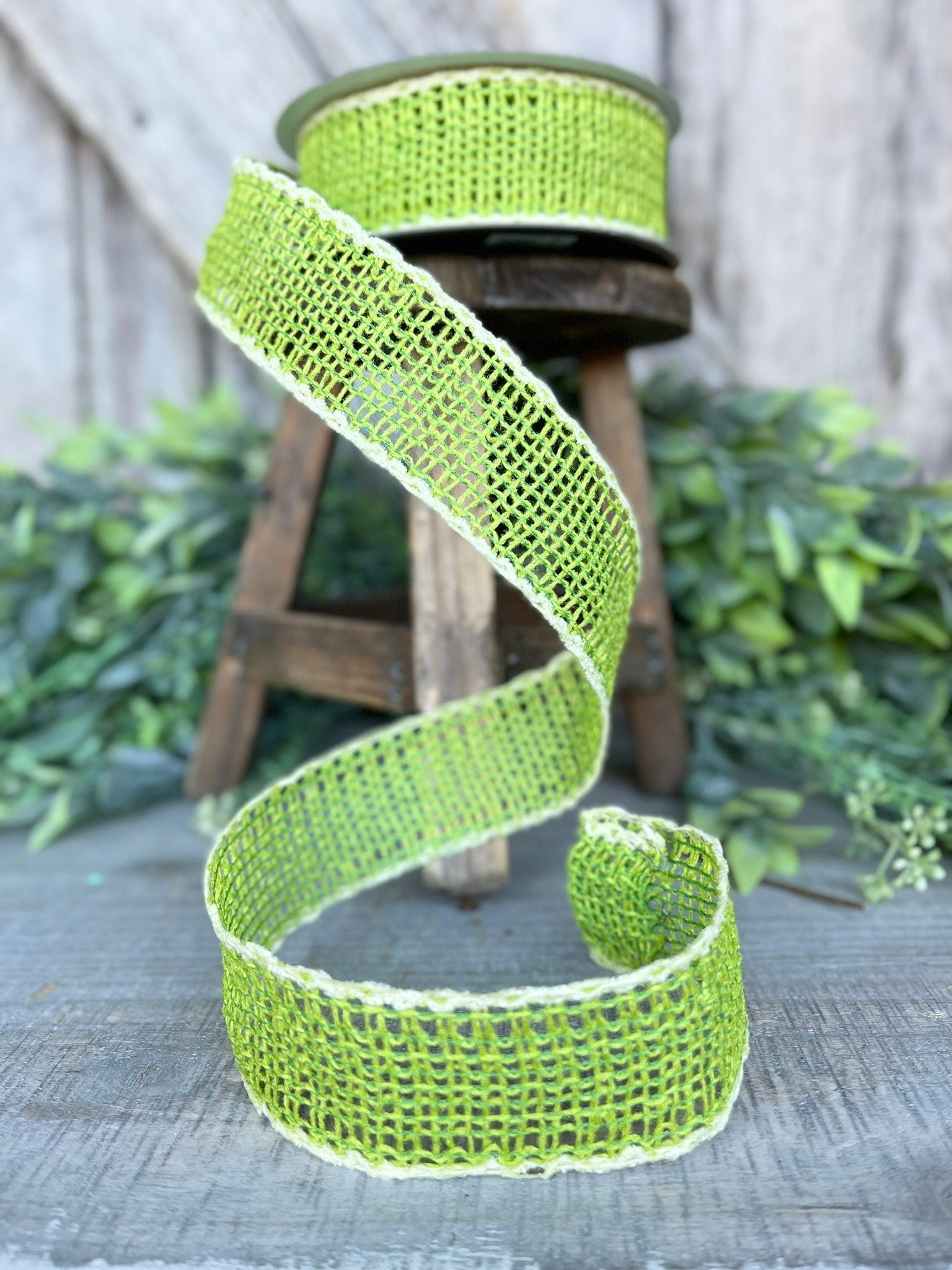 1.5" Lime Green Vibrant Weave Ribbon, Farrisilk Ribbon, Green Burlap Ribbon