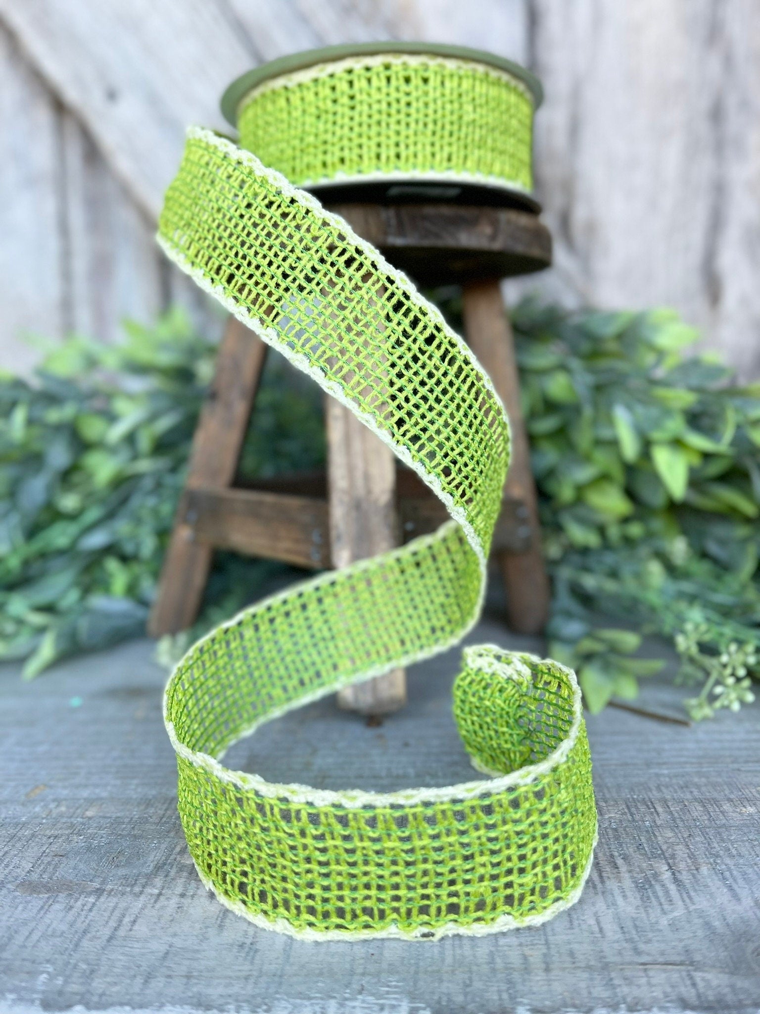 1.5" Lime Green Vibrant Weave Ribbon, Farrisilk Ribbon, Green Burlap Ribbon