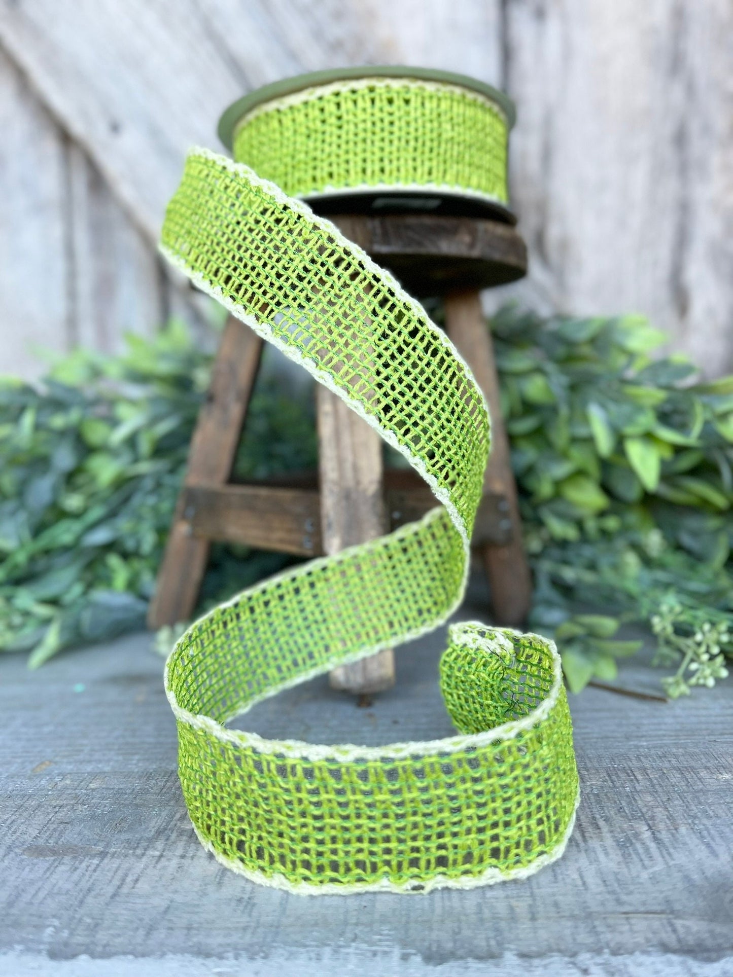 1.5" Lime Green Vibrant Weave Ribbon, Farrisilk Ribbon, Green Burlap Ribbon