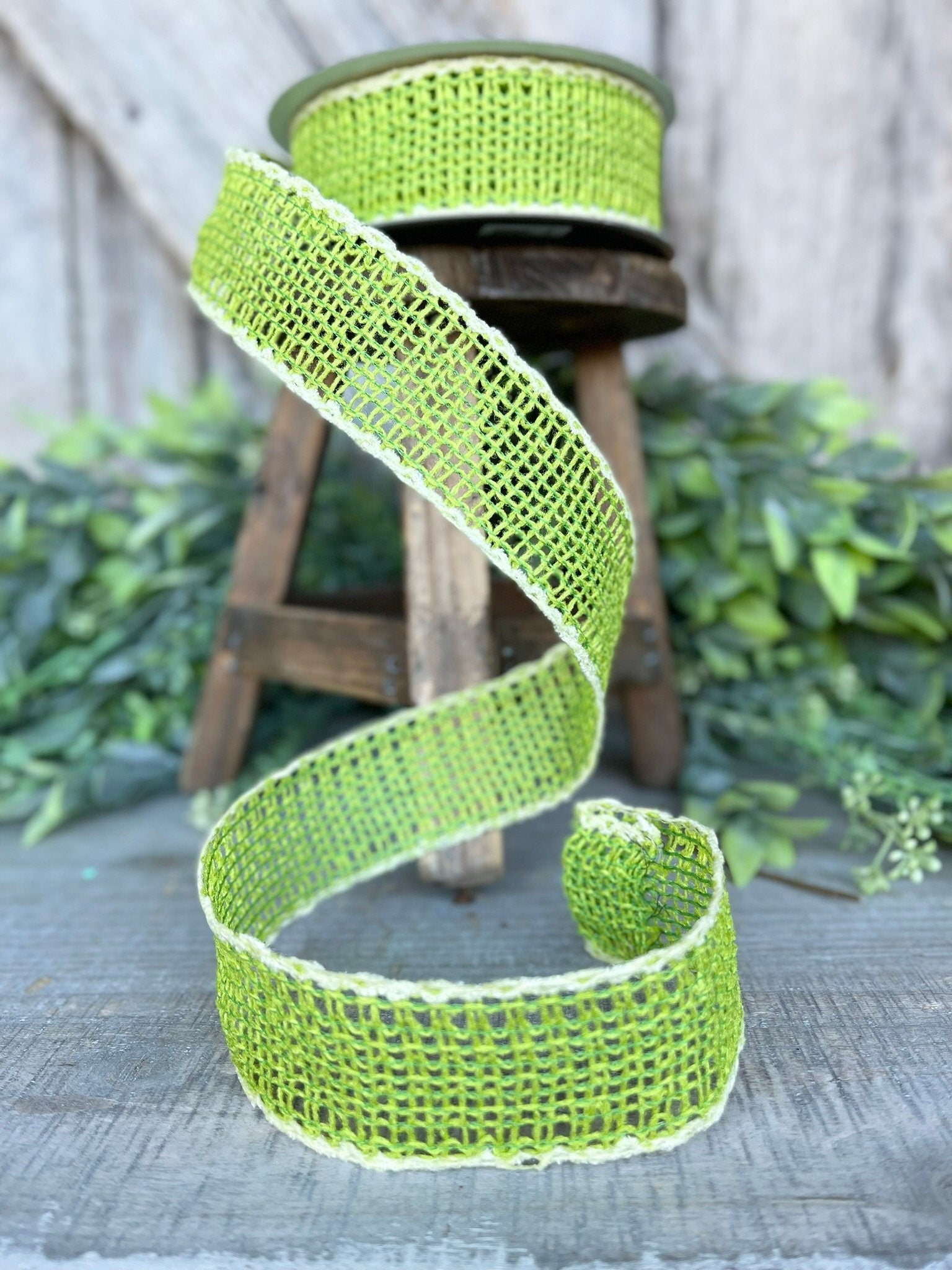 1.5" Lime Green Vibrant Weave Ribbon, Farrisilk Ribbon, Green Burlap Ribbon