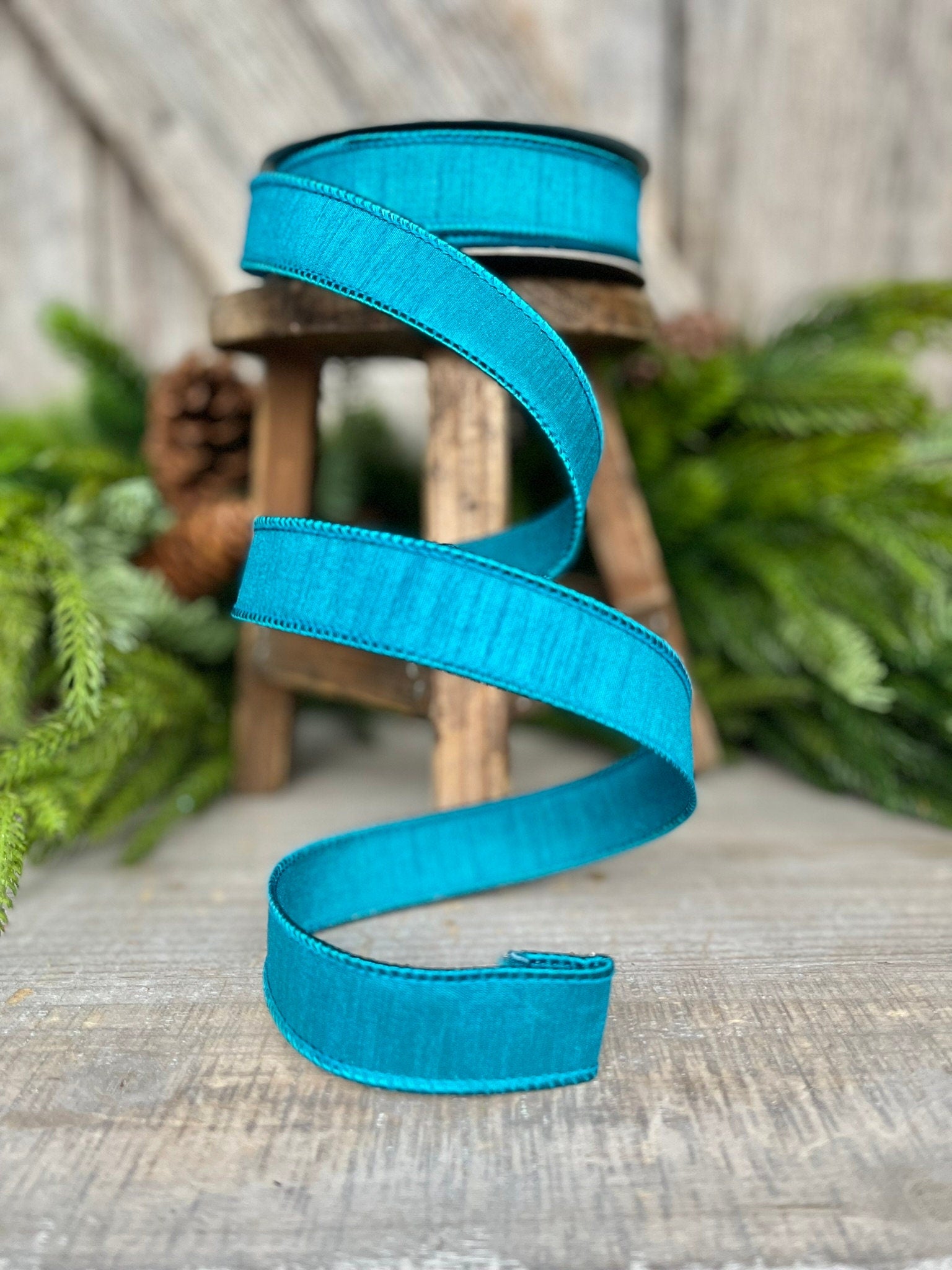 1" Turquoise Dupion Ribbon, Farrisilk ribbon, wired ribbon