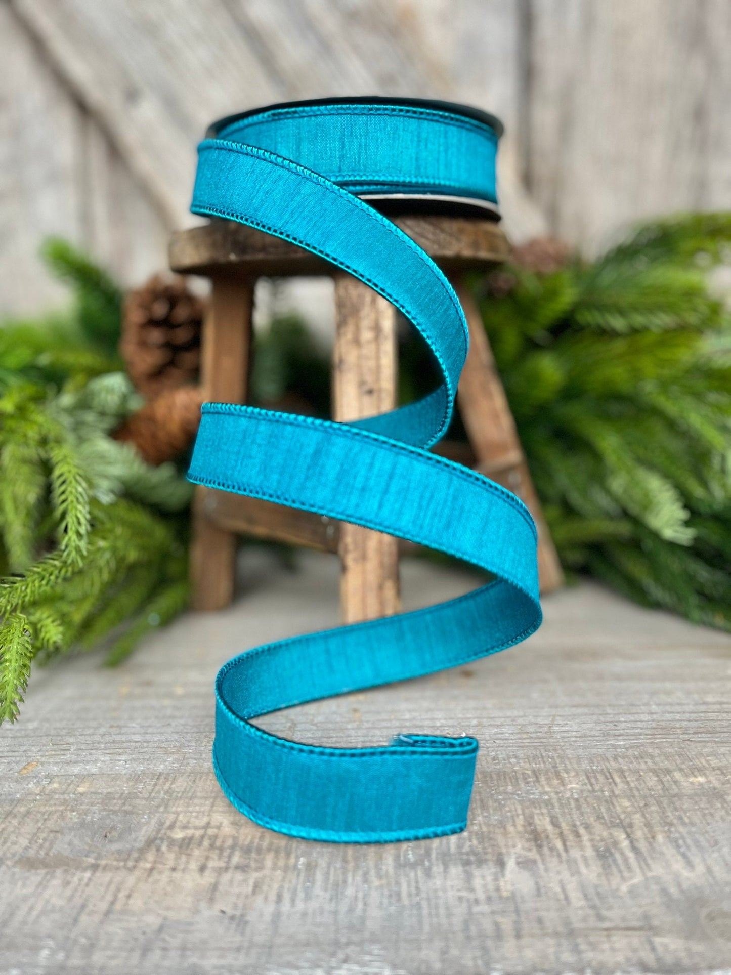 1" Turquoise Dupion Ribbon, Farrisilk ribbon, wired ribbon