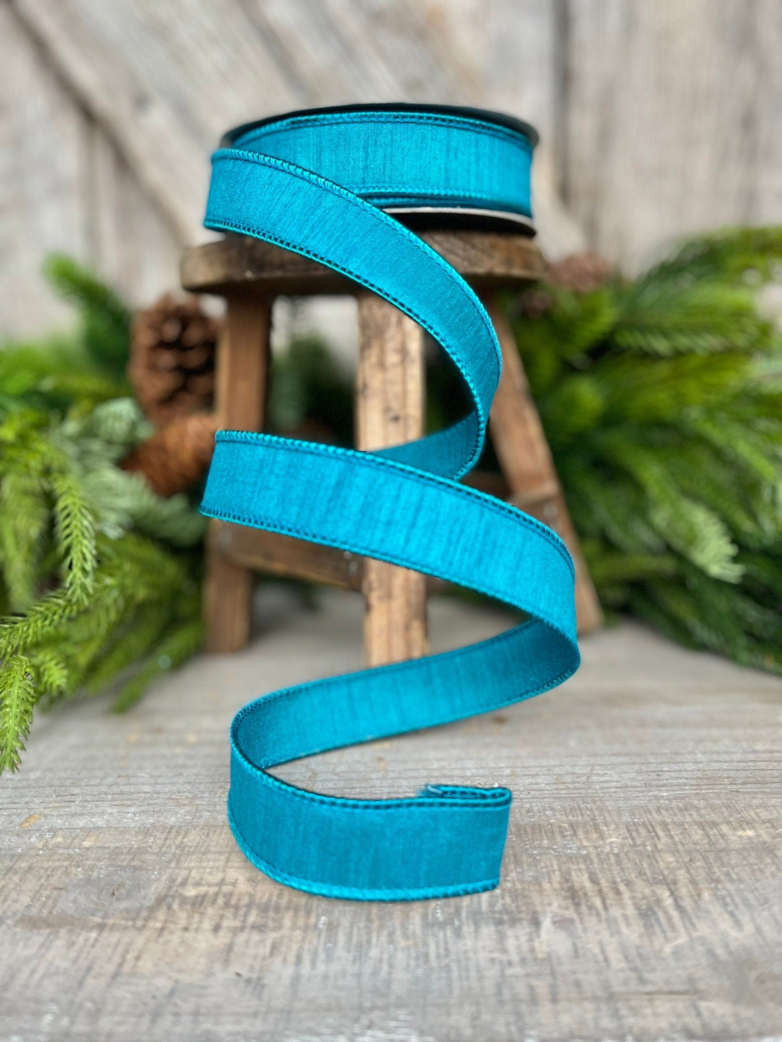 1" Turquoise Dupion Ribbon, Farrisilk ribbon, wired ribbon