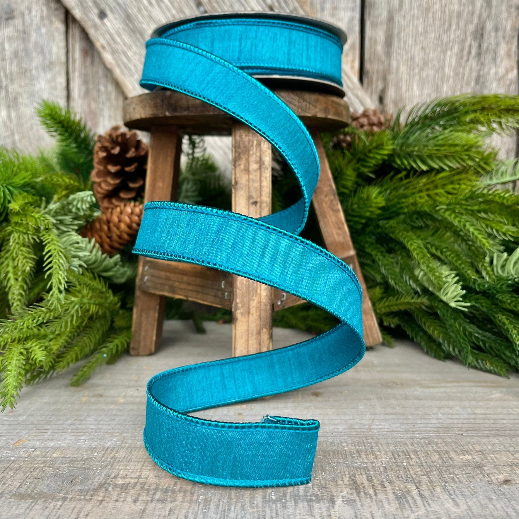 1" Turquoise Dupion Ribbon, Farrisilk ribbon, wired ribbon