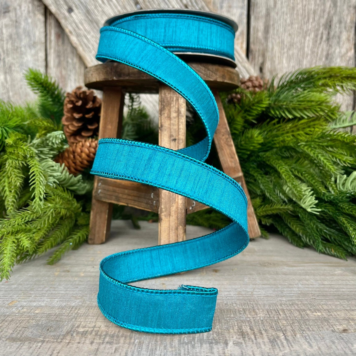 1" Turquoise Dupion Ribbon, Farrisilk ribbon, wired ribbon