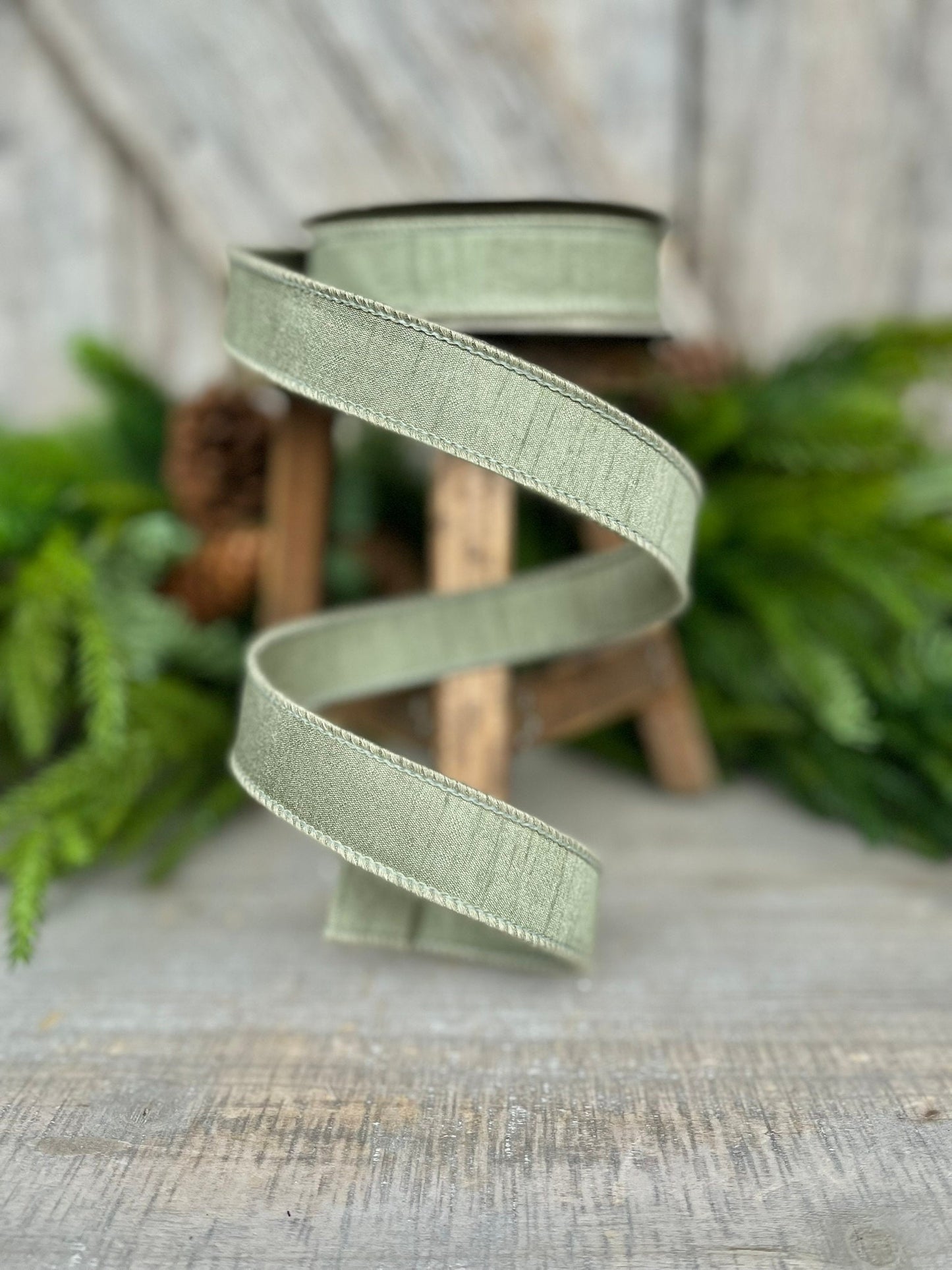 1" Sage Green Dupion Ribbon, Farrisilk Ribbon, Wired Ribbon