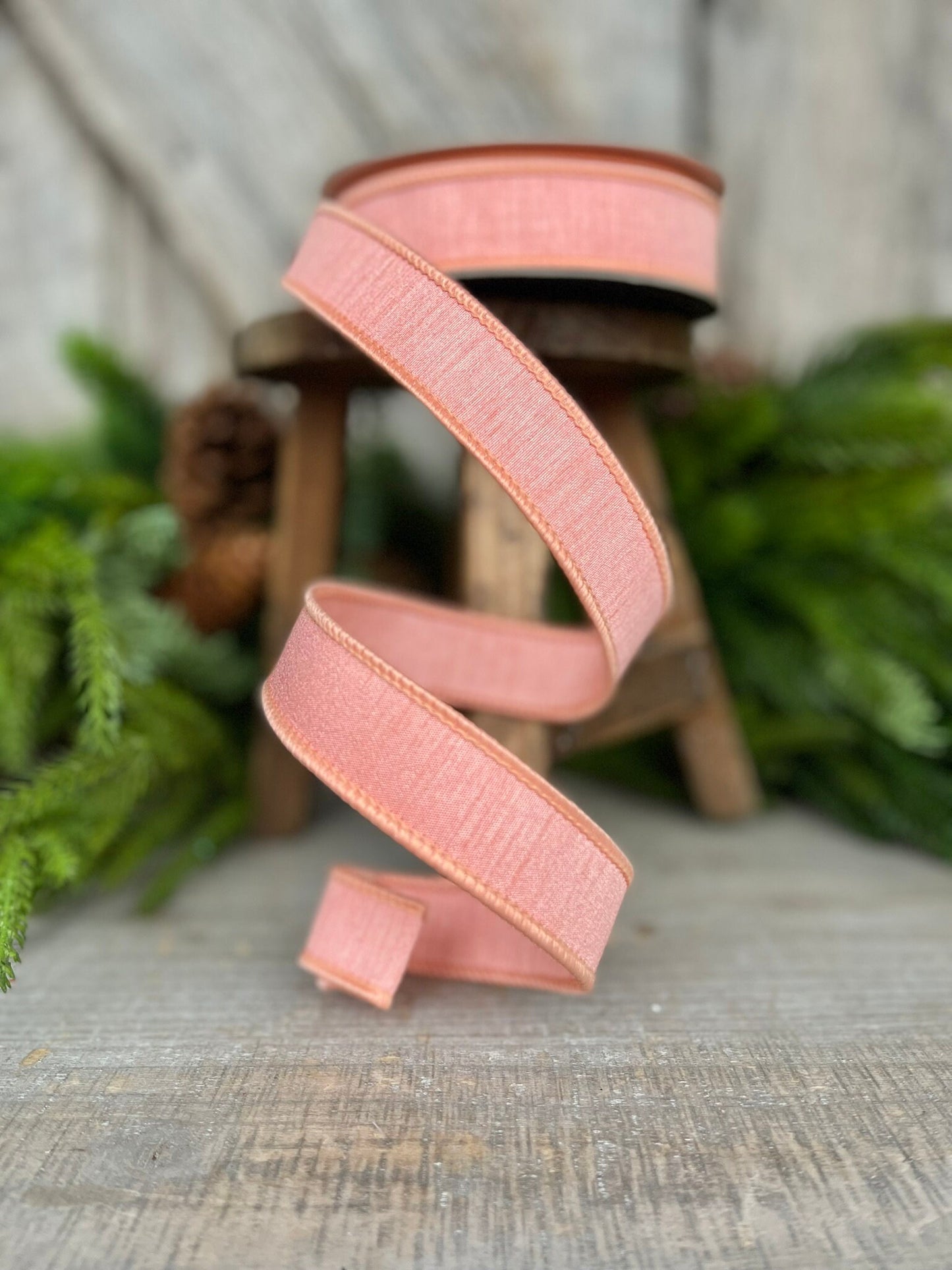 1” Coral Peach Dupion Ribbon, Farrisilk ribbon, wired ribbon