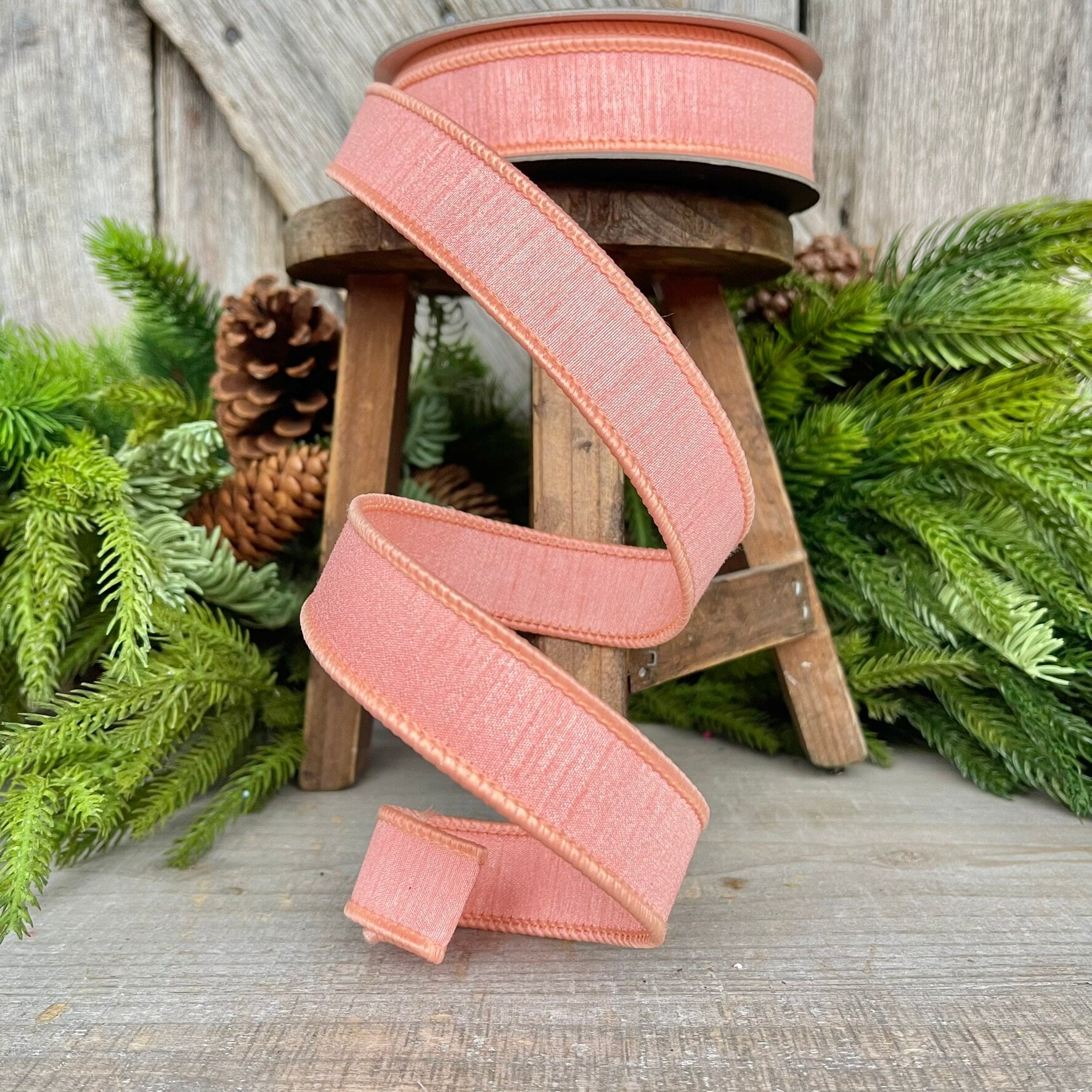 1” Coral Peach Dupion Ribbon, Farrisilk ribbon, wired ribbon