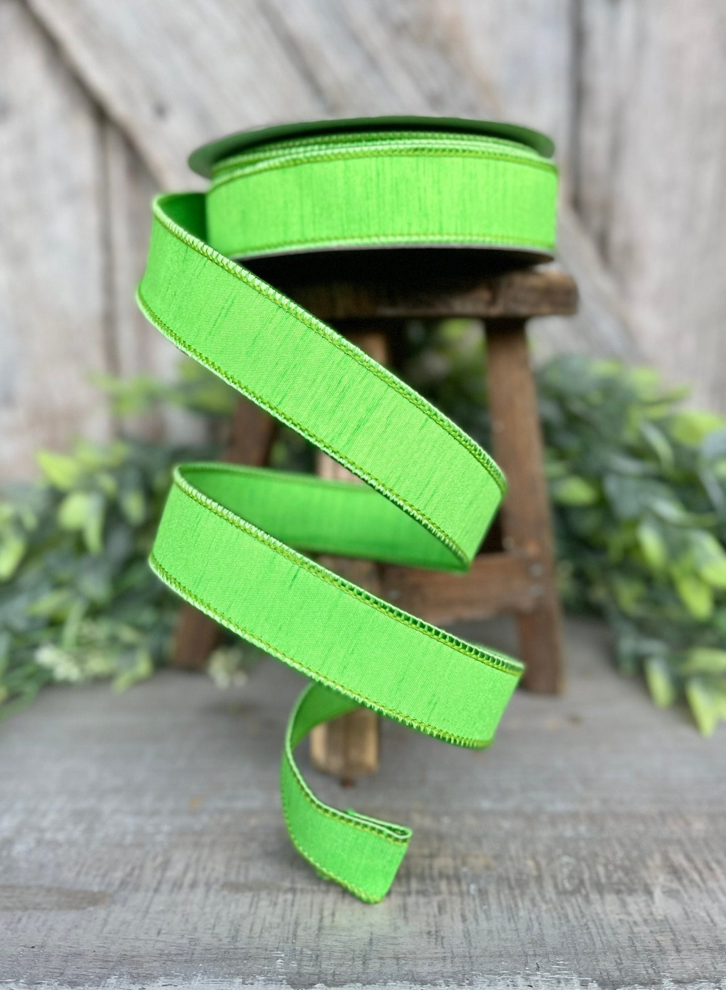 1" Green Dupion Ribbon, Farrisilk Ribbon, Wired Ribbon