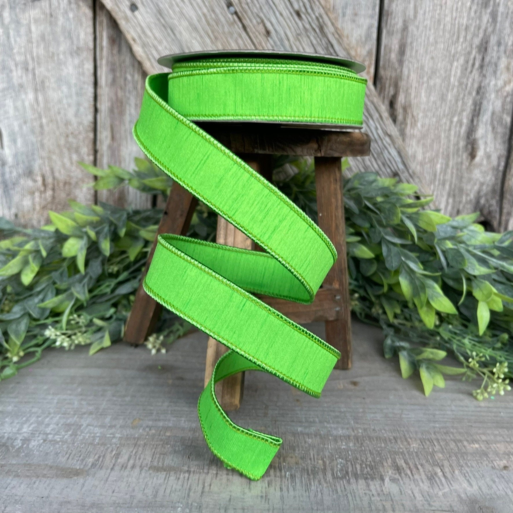 1" Green Dupion Ribbon, Farrisilk Ribbon, Wired Ribbon