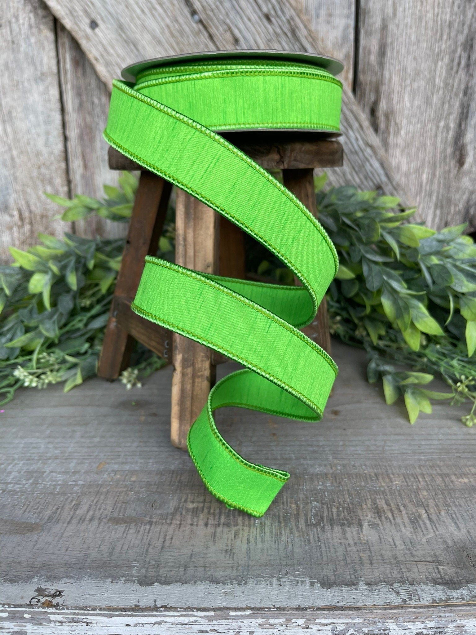 1" Green Dupion Ribbon, Farrisilk Ribbon, Wired Ribbon