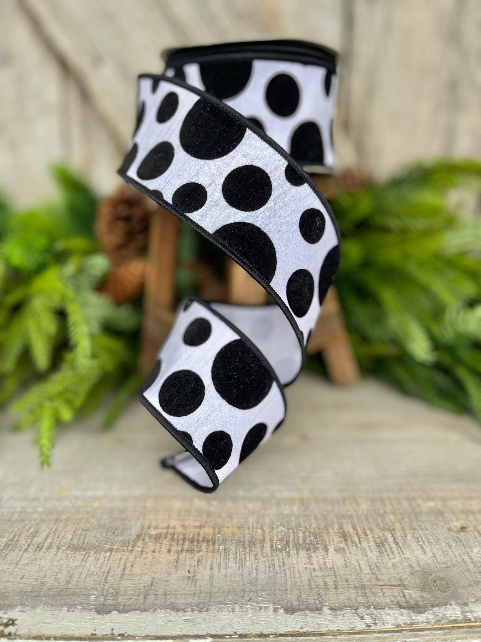 2.5" Black White Retro Dot, Farrisilk Ribbon, Flocked Ribbon