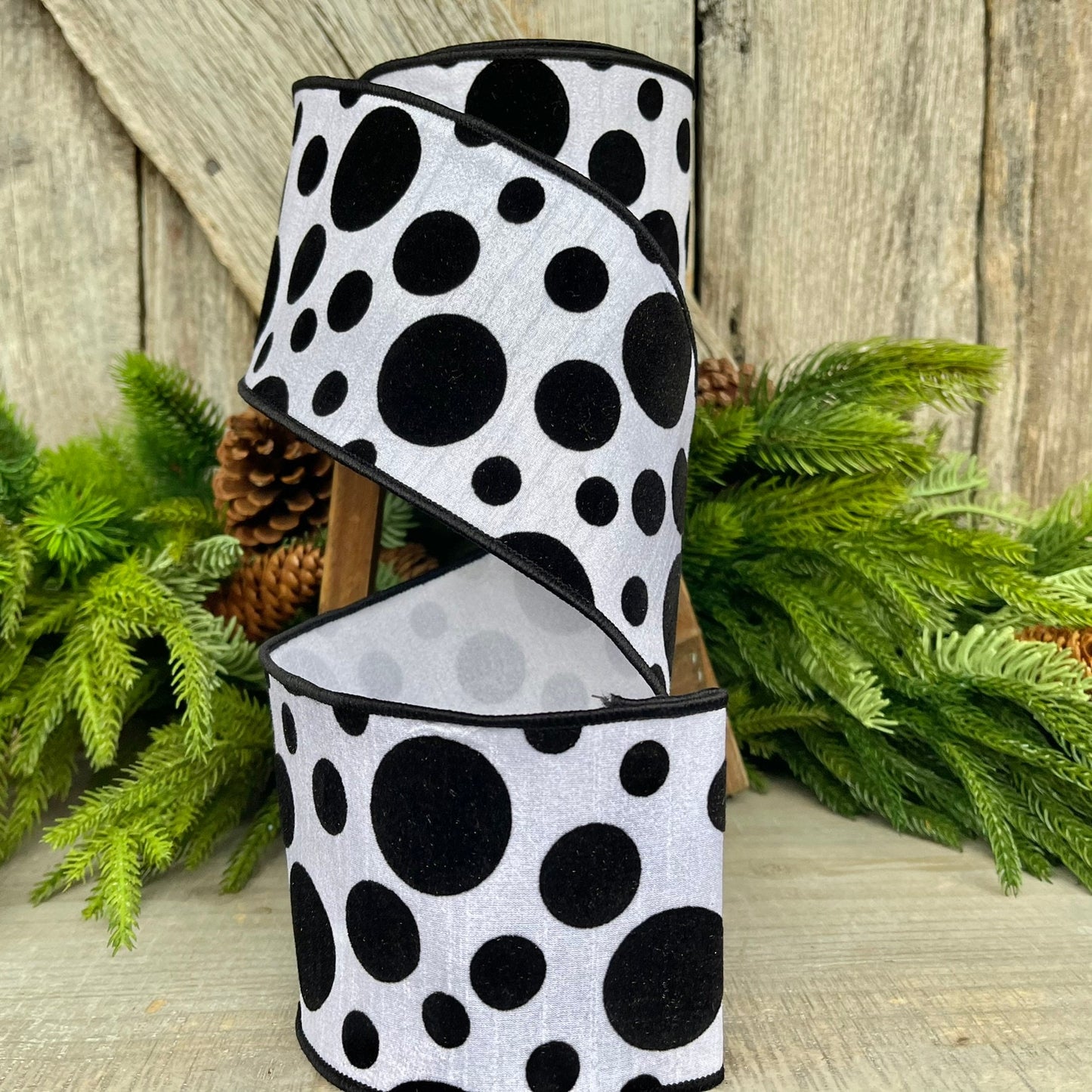 4" Black White Retro Dot, Farrisilk Ribbon, Flocked Ribbon