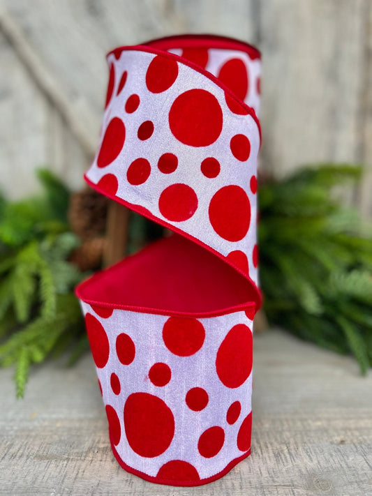 4" Red White Retro Dot, Farrisilk Ribbon, Flocked Ribbon