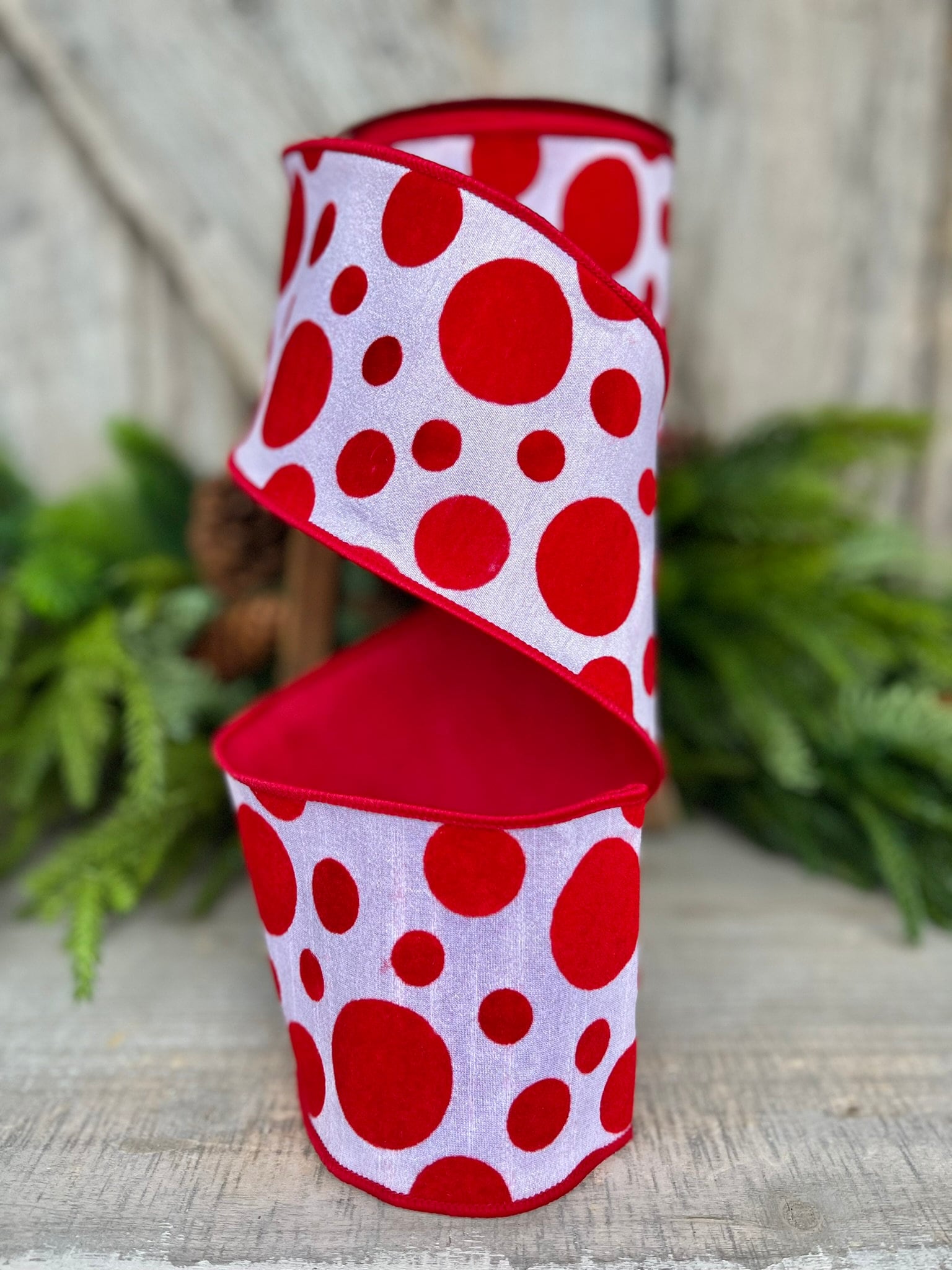 4" Red White Retro Dot, Farrisilk Ribbon, Flocked Ribbon