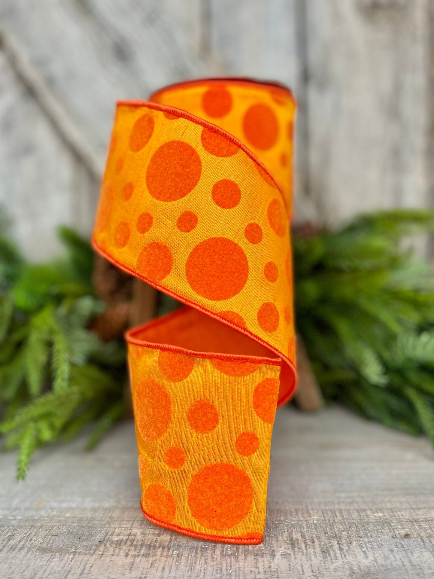 4" Orange Retro Dot, Farrisilk Ribbon, Flocked Ribbon