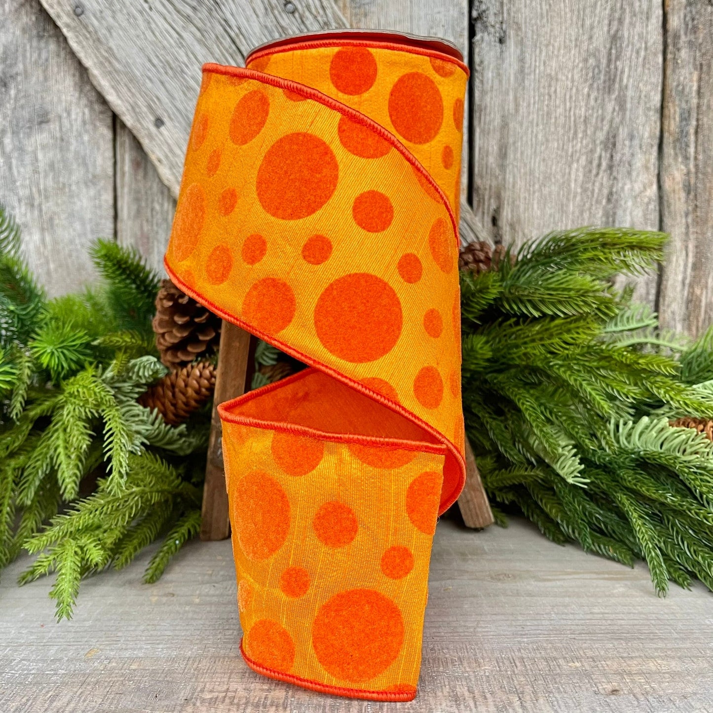 4" Orange Retro Dot, Farrisilk Ribbon, Flocked Ribbon