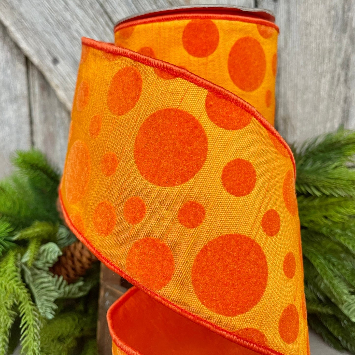 4" Orange Retro Dot, Farrisilk Ribbon, Flocked Ribbon